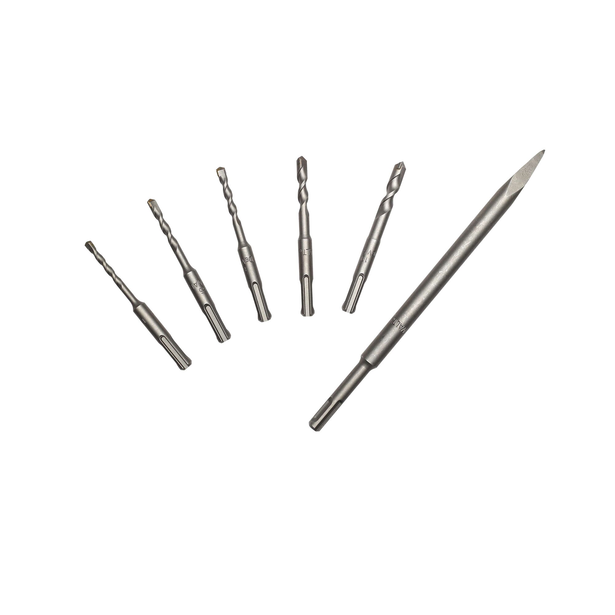 STANLEY SHR263KA-BR drill bit set with six assorted SDS chisel and drill bits, front angle on white background.