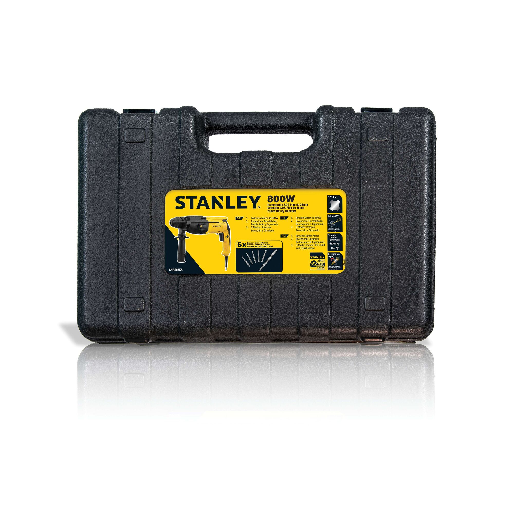 Photo of STANLEY SHR263KA-BR black plastic carrying case for rotary hammer, front angle with yellow label.