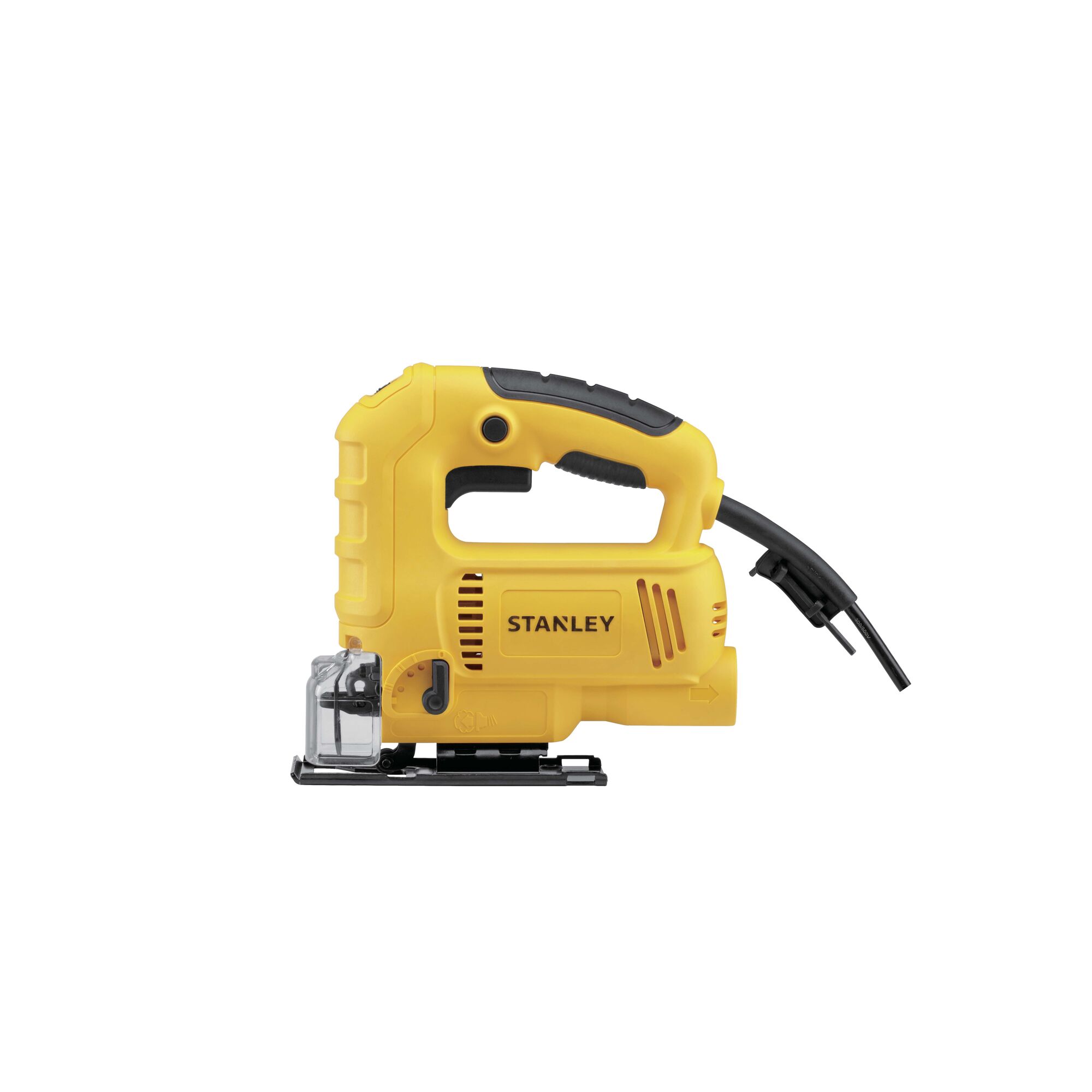 Stanley SJ60 yellow jigsaw power tool, left side view, photography on white background.
