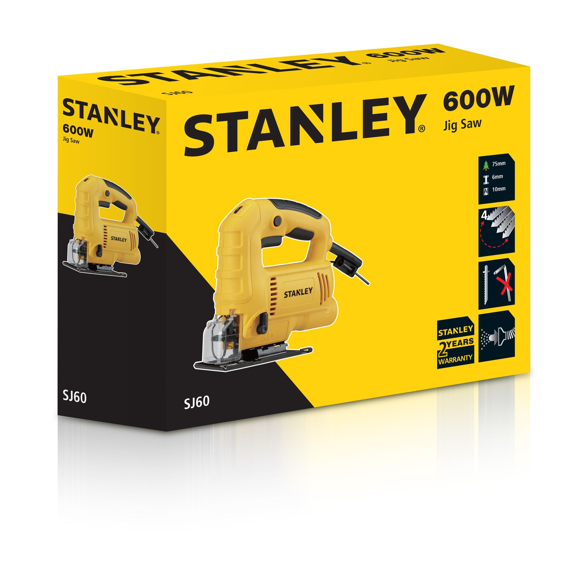 STANLEY SJ60 jig saw in yellow and black packaging, 600W, product box front angle.