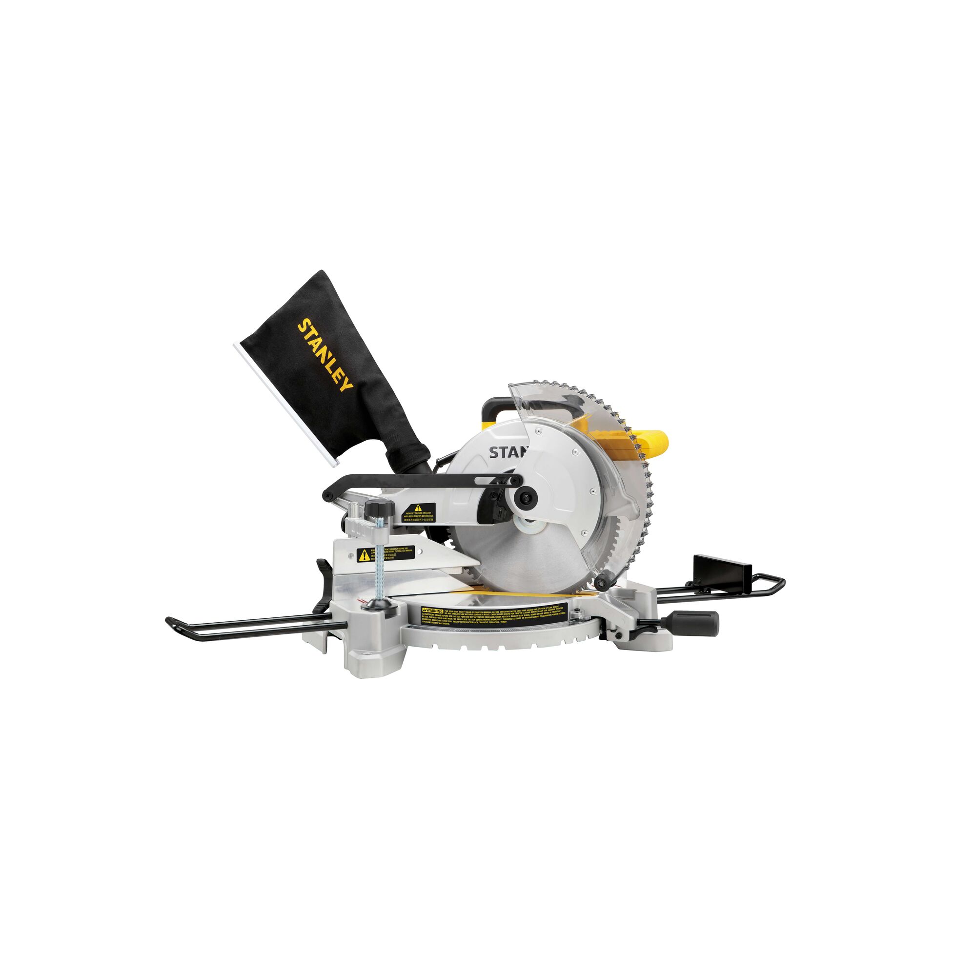 Stanley SM16 miter saw with dust bag, silver and yellow, side angle on white background.