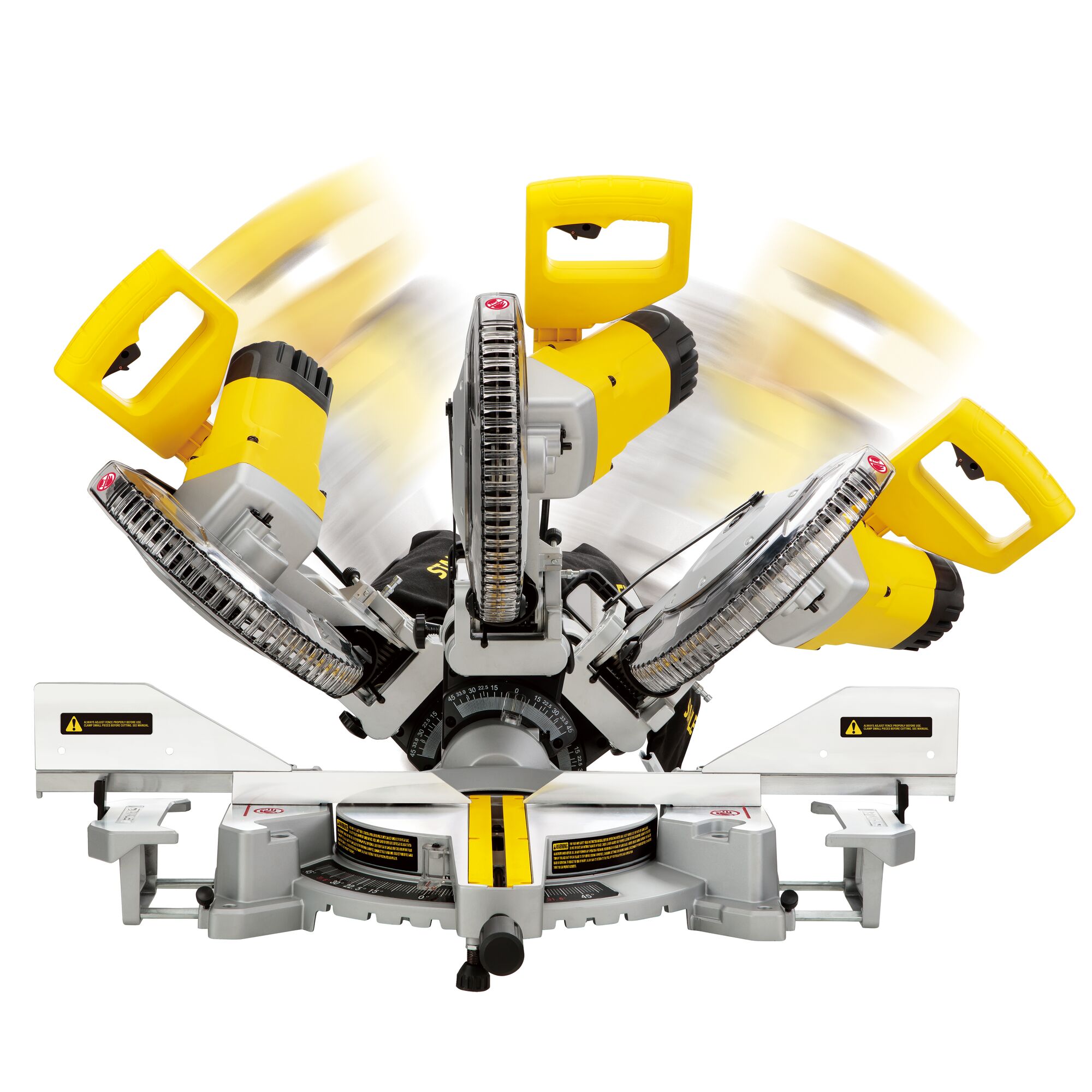 STANLEY SM18-B2C compound miter saw photo, front angle with yellow handle and movable blade motion.
