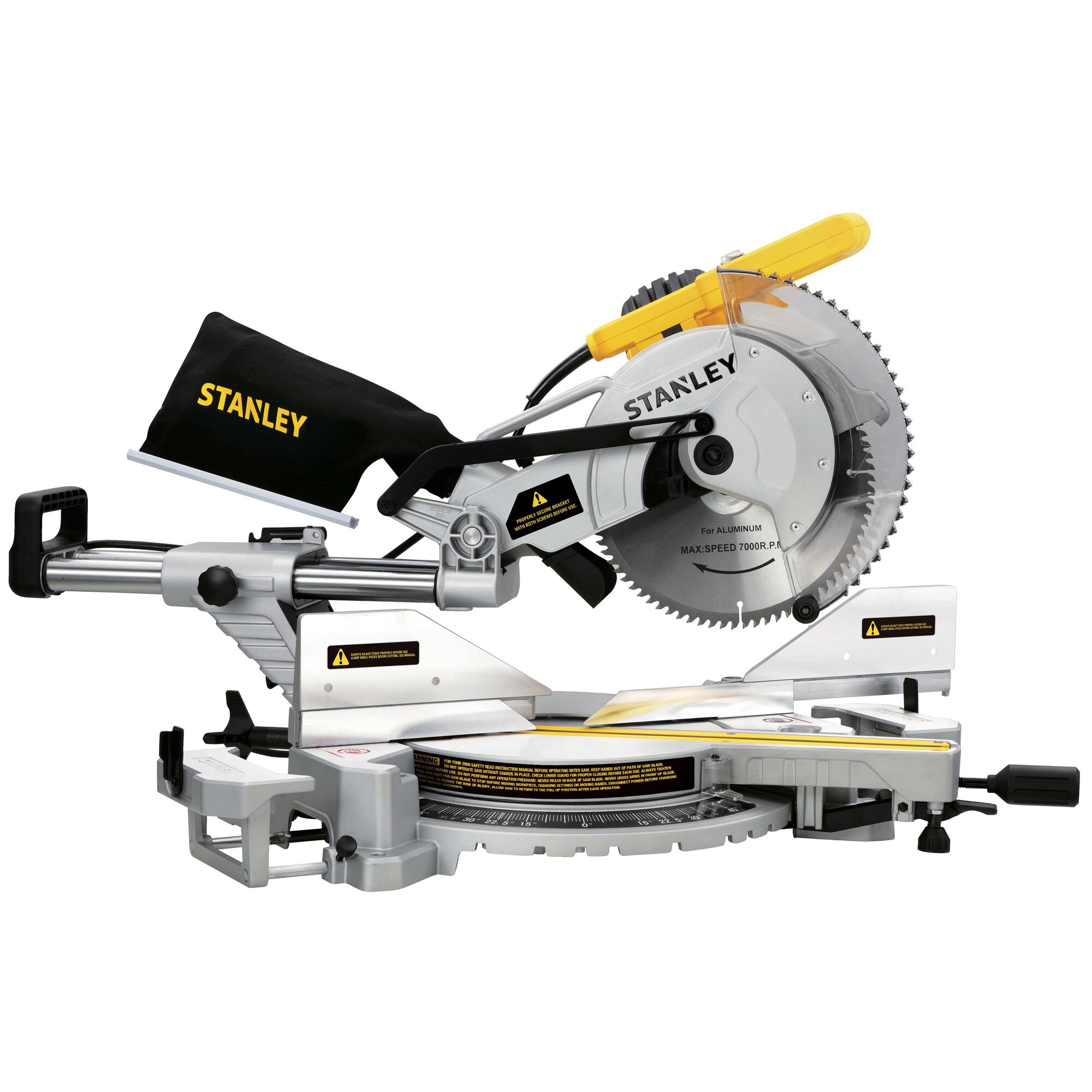 STANLEY SM18-B2C miter saw, front angle, silver and black body with yellow handle and dust bag.