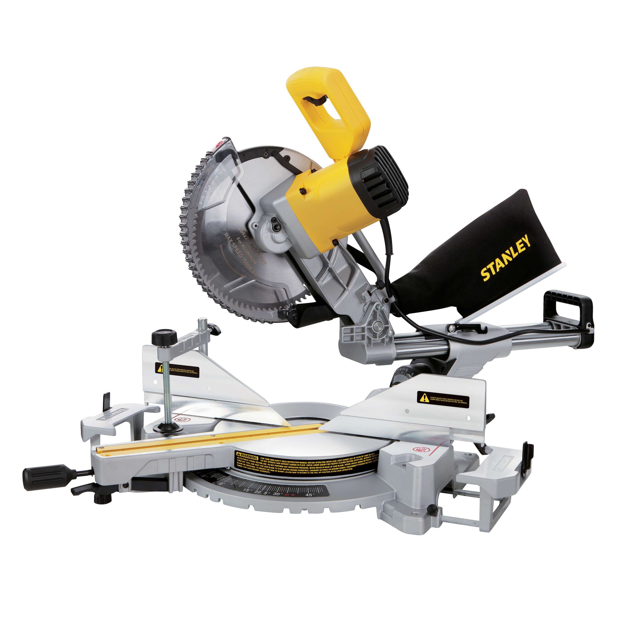 Photo of STANLEY SM18-B2C miter saw with yellow handle, silver blade, and black dust bag, side angle view.