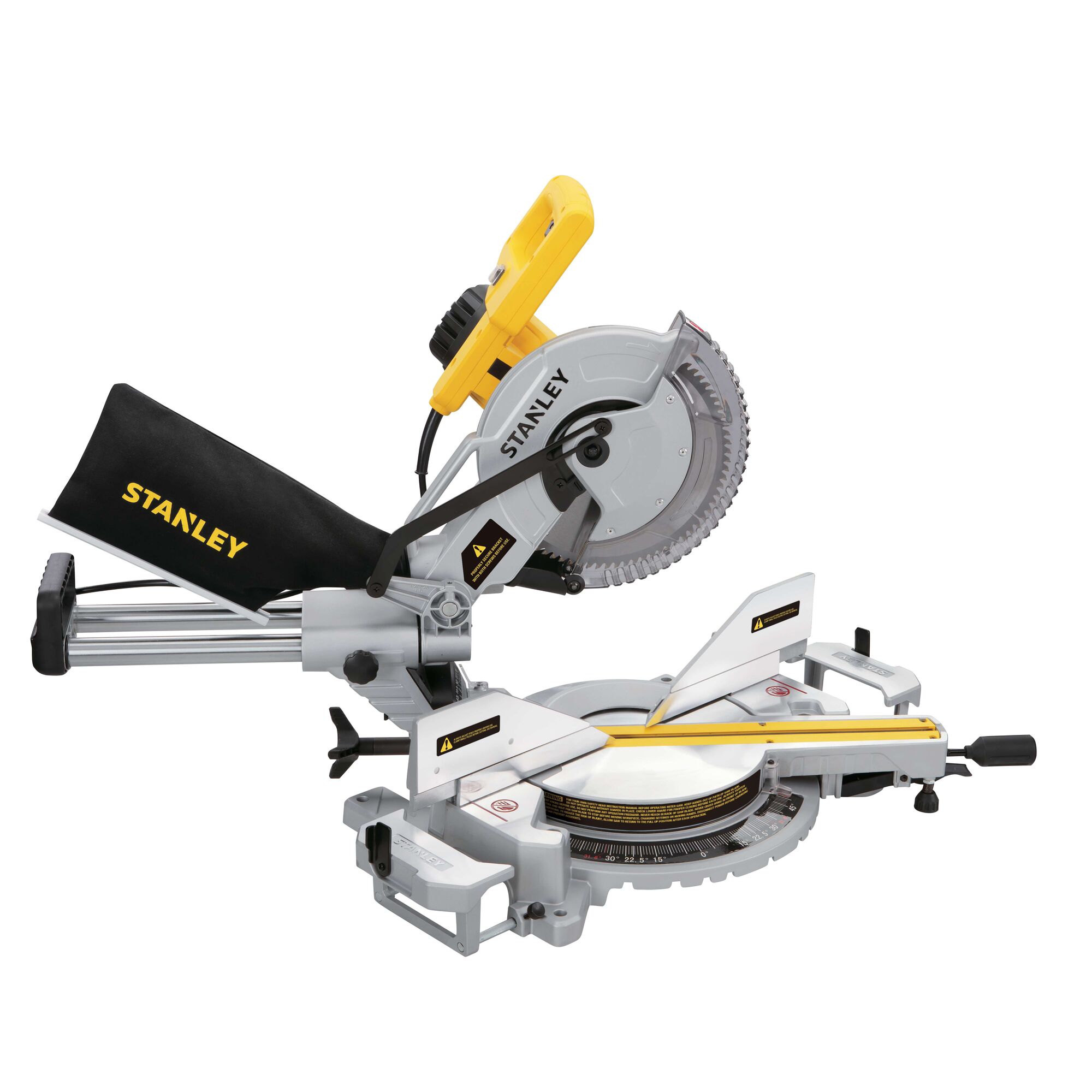 STANLEY SM18-B2C sliding compound miter saw with yellow handle, black dust bag, and silver base, side angle.
