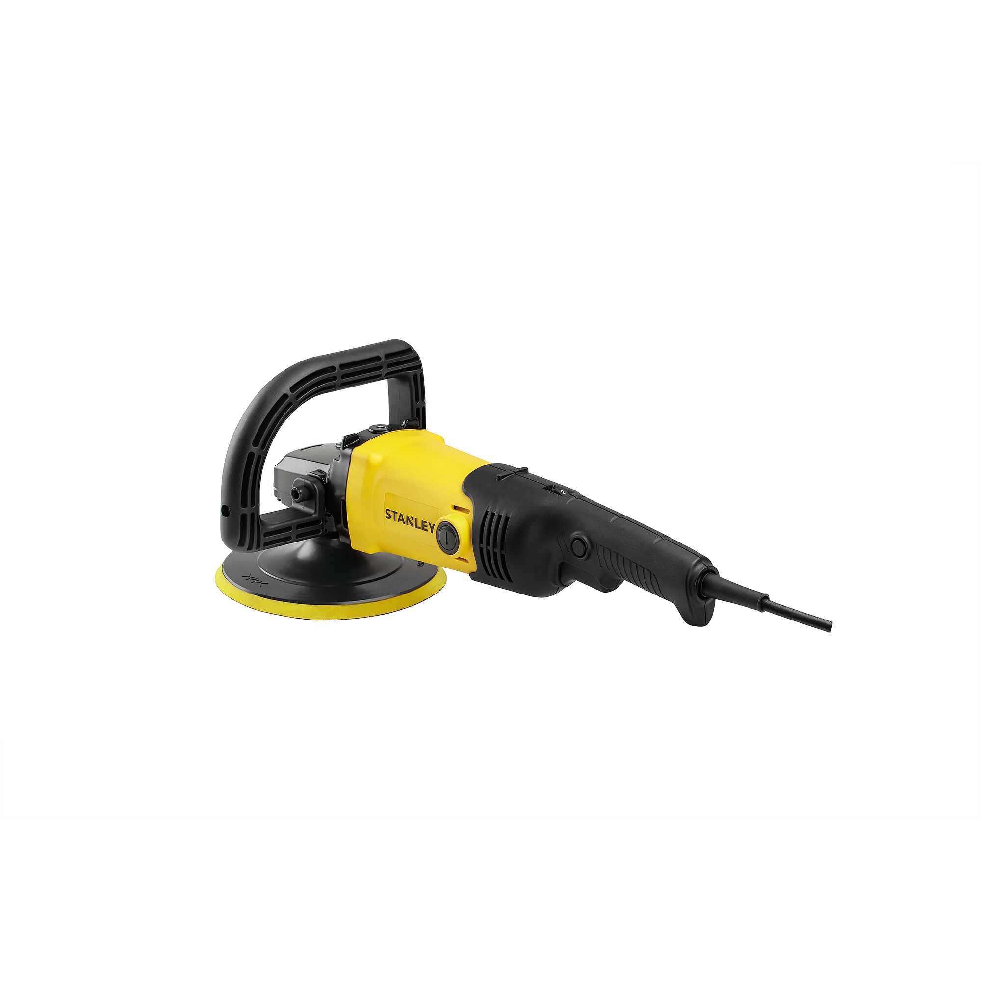 Photo of STANLEY SP137 electric polisher, yellow and black, side angle on white background, power tool category.