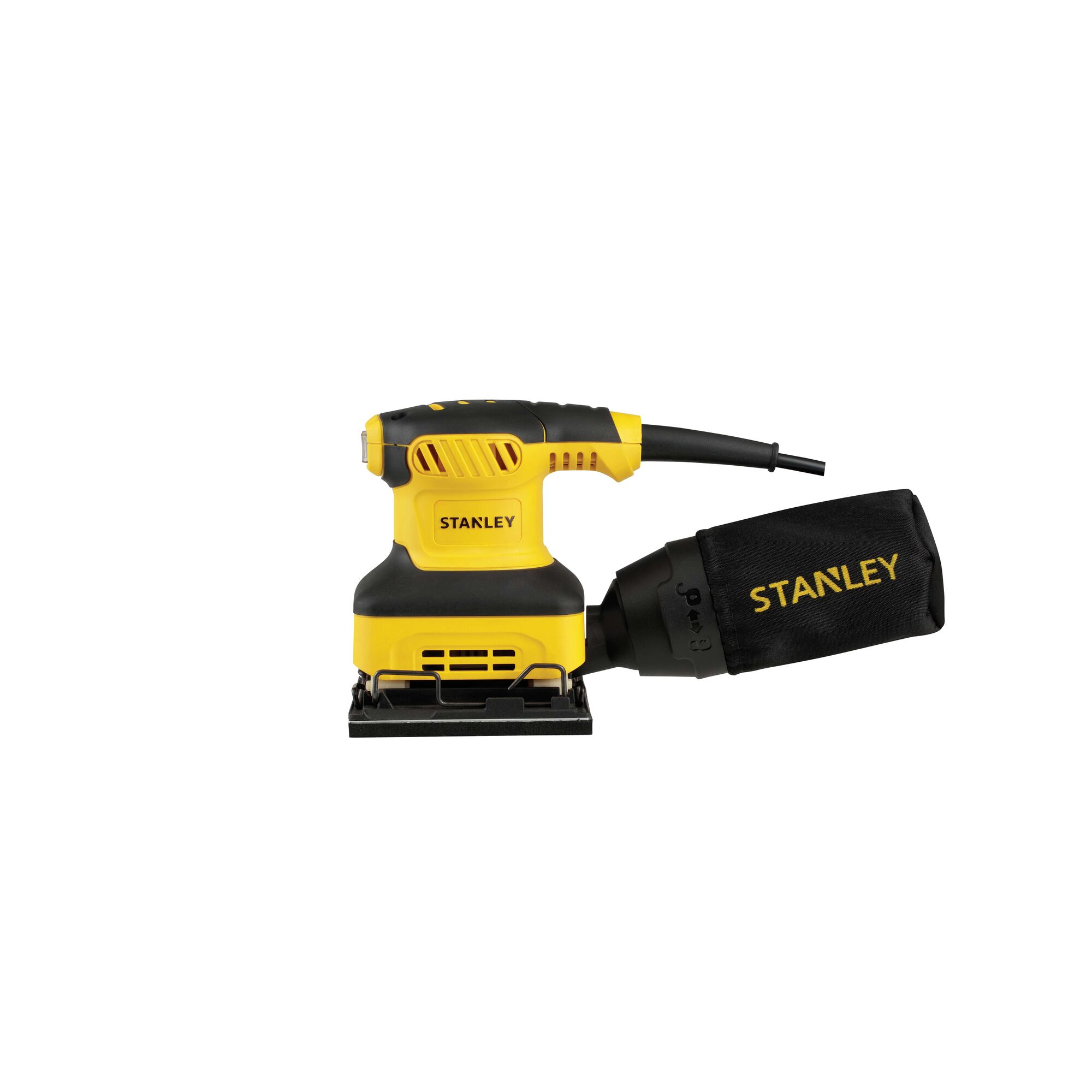 Photo of STANLEY SS24-B3 yellow and black sheet sander with dust bag, side view on white background.
