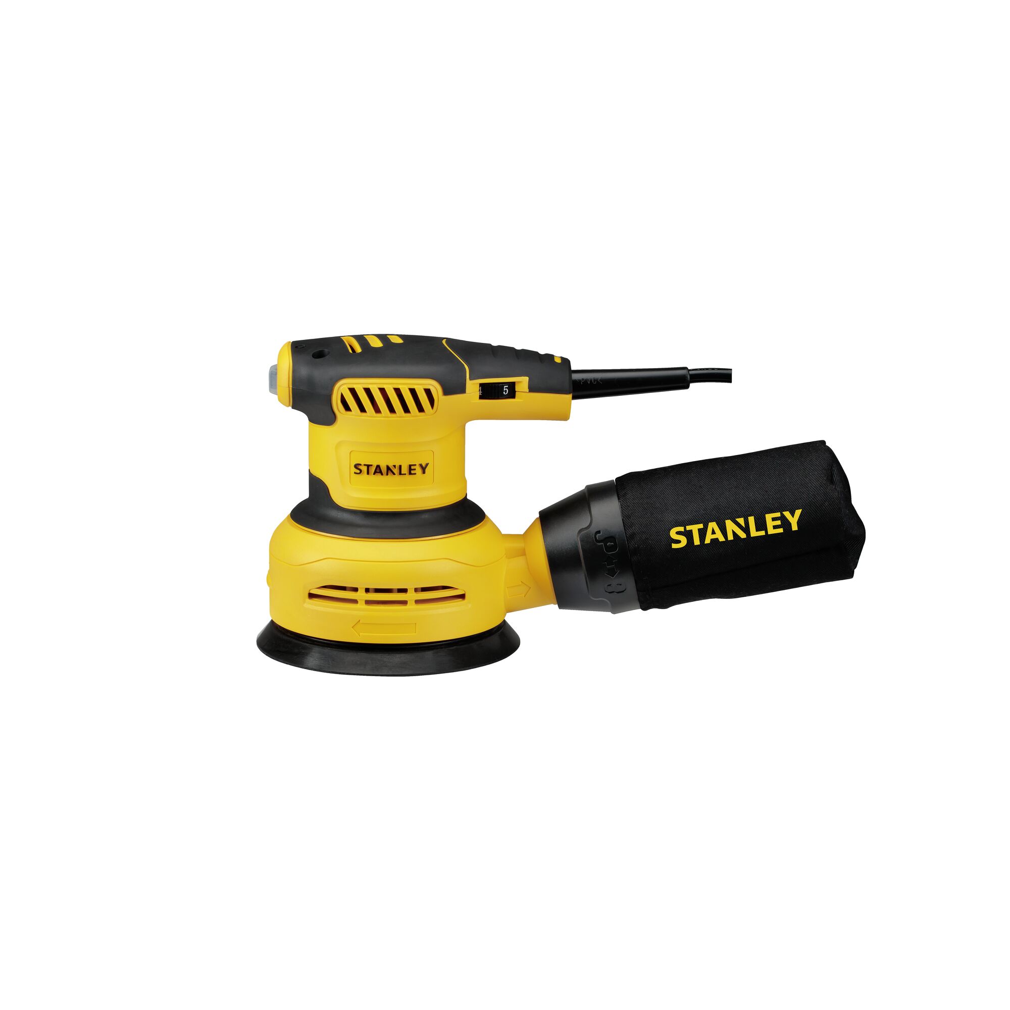 STANLEY SS30-B2C yellow and black random orbital sander side view on white background.