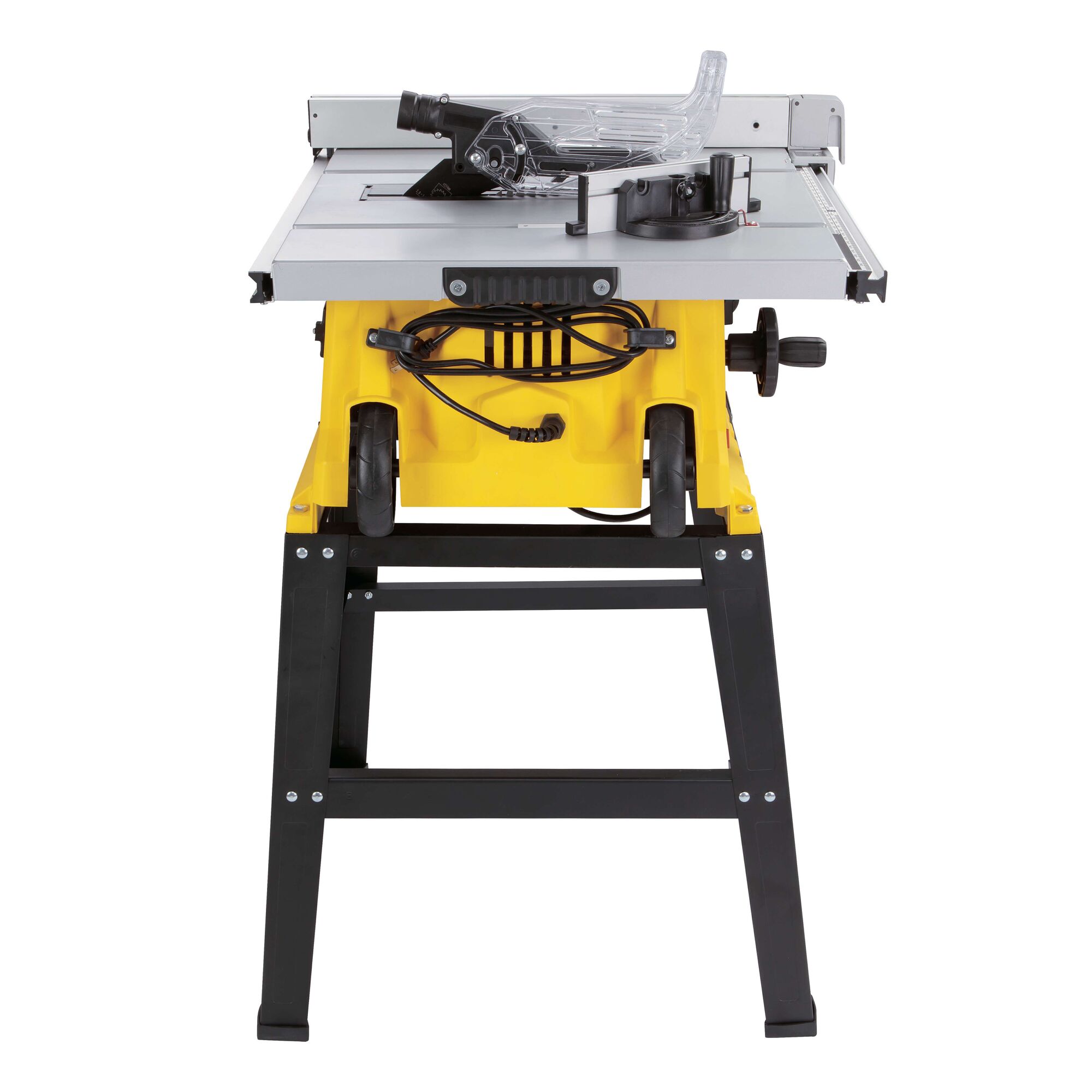 STANLEY SST1801-B3 table saw, yellow and black, photography, front angle on white background.