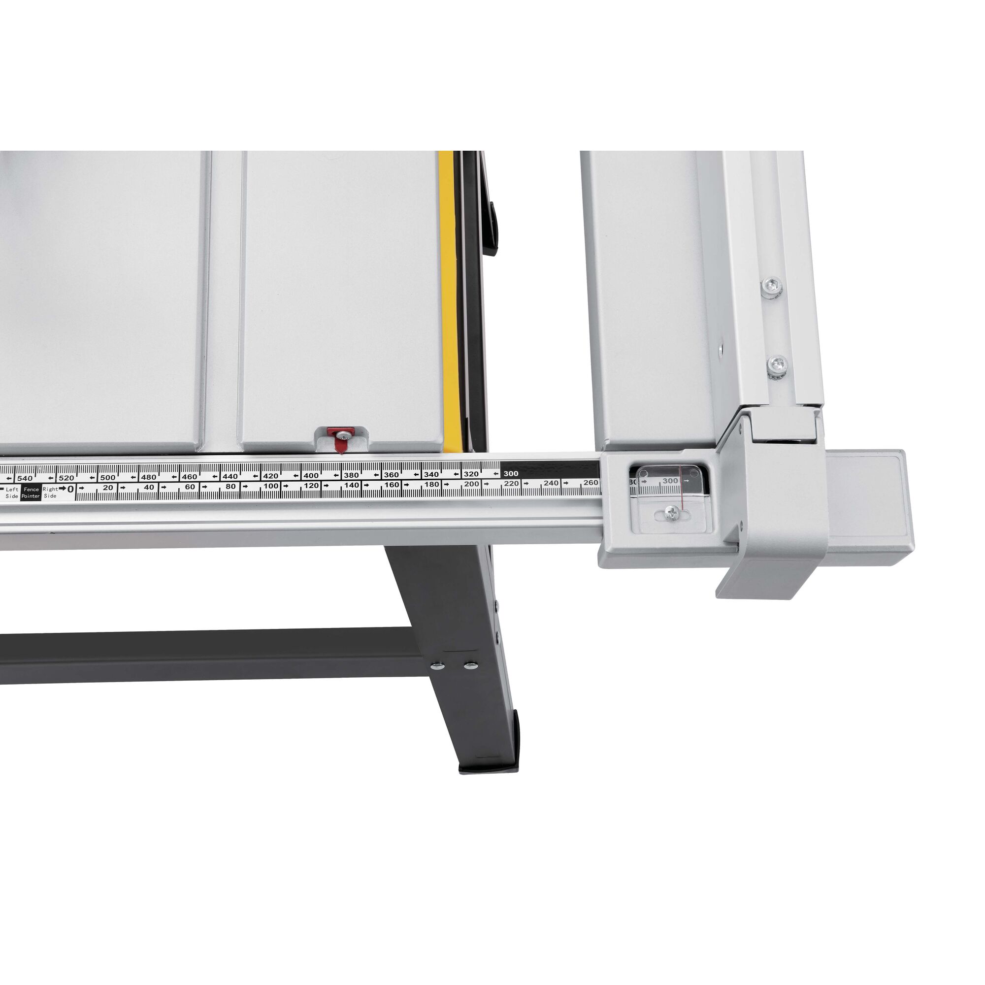 Stanley SST1801-B3 table saw fence with precise metric ruler, close-up angle on white background.
