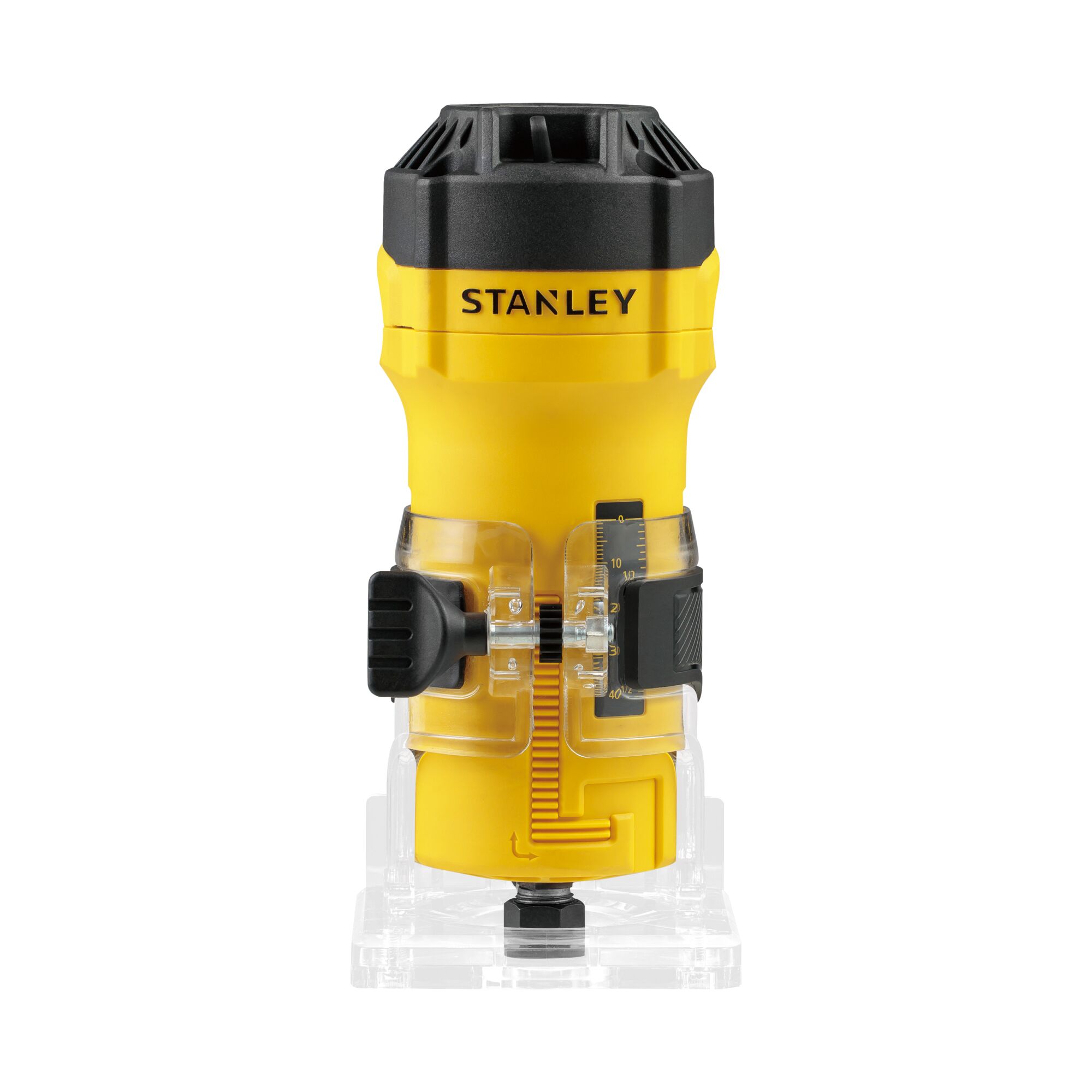 STANLEY ST55-B2 yellow compact router front angle on white background.
