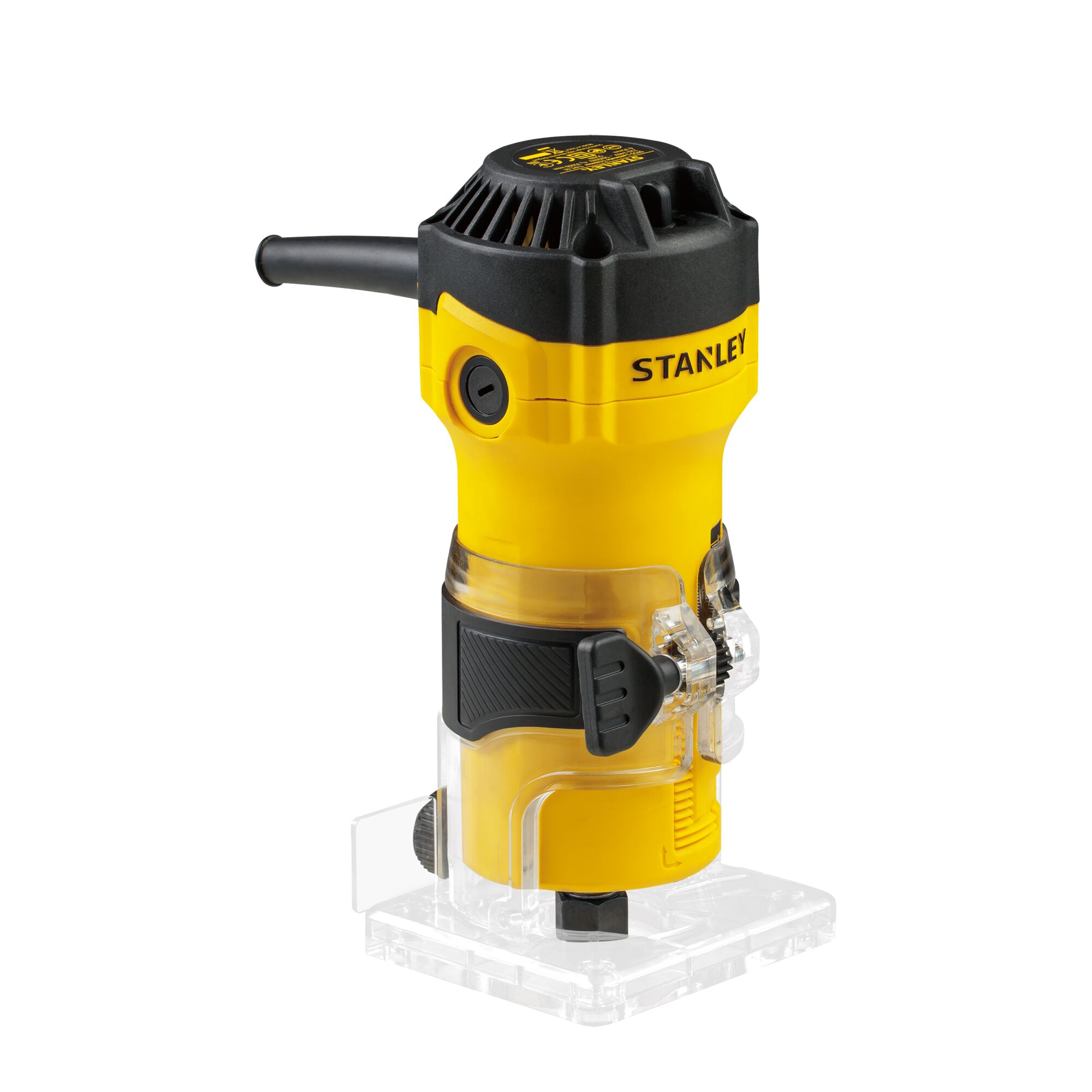 Photo of STANLEY ST55-B2 compact yellow and black hand router on white background.