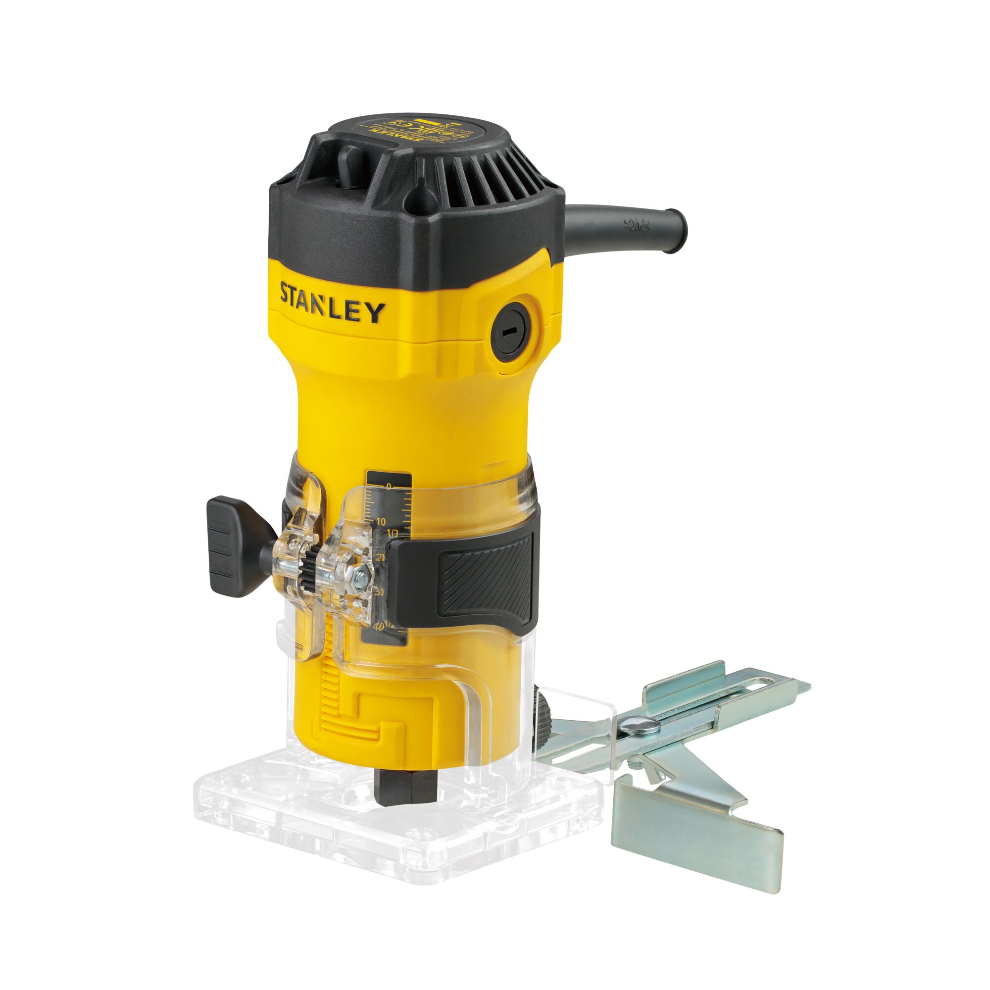 STANLEY ST55-B2 compact yellow and black trimmer router with clear base, side view on white background.