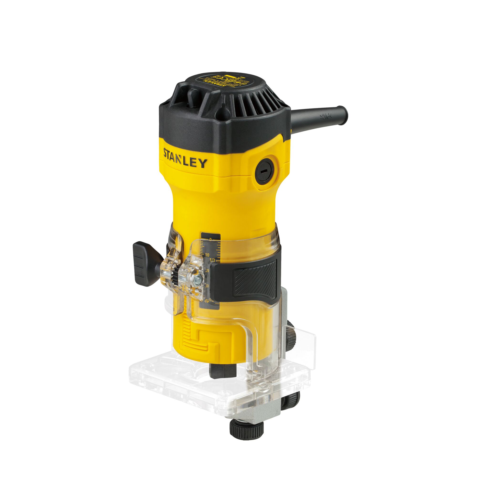 Photo of STANLEY ST55-B2 yellow compact wood router with clear base, front angle, on white background.