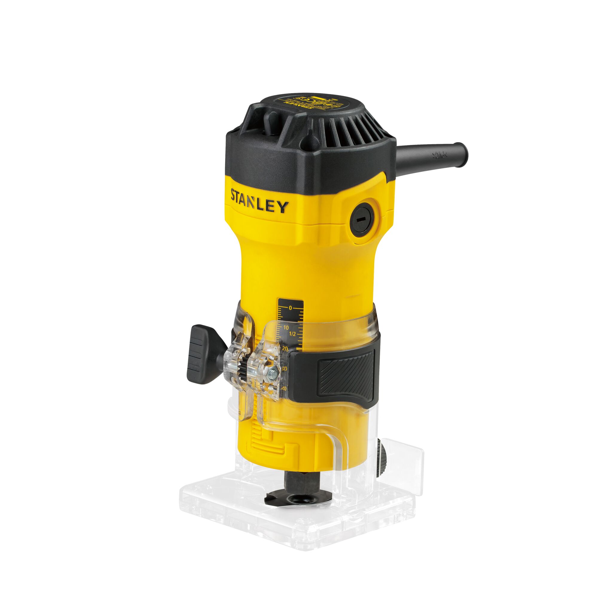 STANLEY ST55-B2 yellow and black compact router with clear base, product photography on white background.