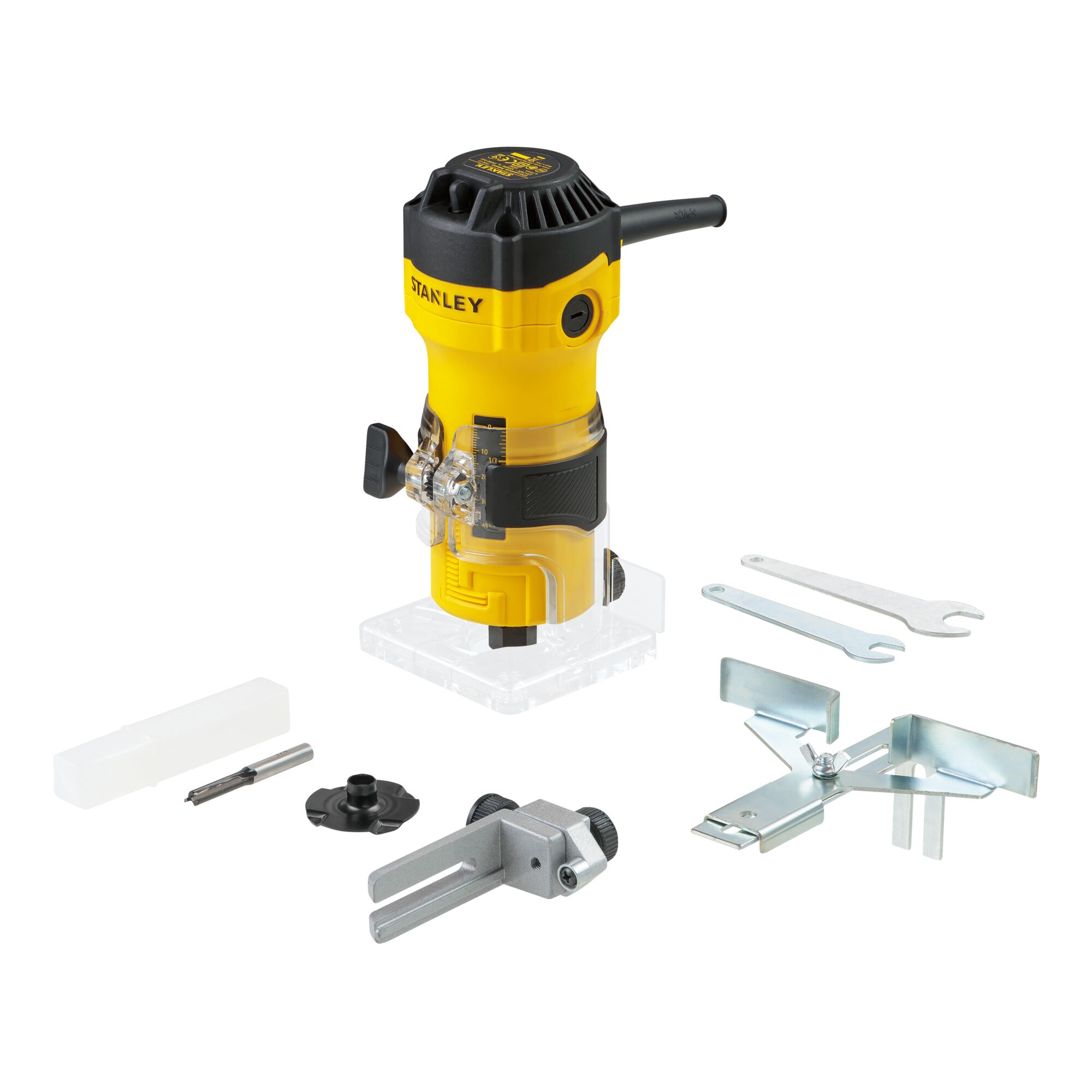 STANLEY ST55-B2 compact yellow router with clear base, shown with accessories including wrenches, guides, and bit.