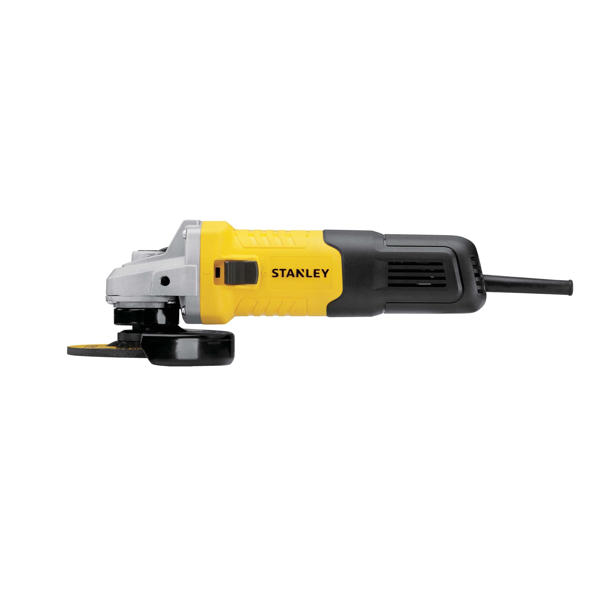 STANLEY STGS9100 angle grinder, yellow and black power tool, side view on white background.