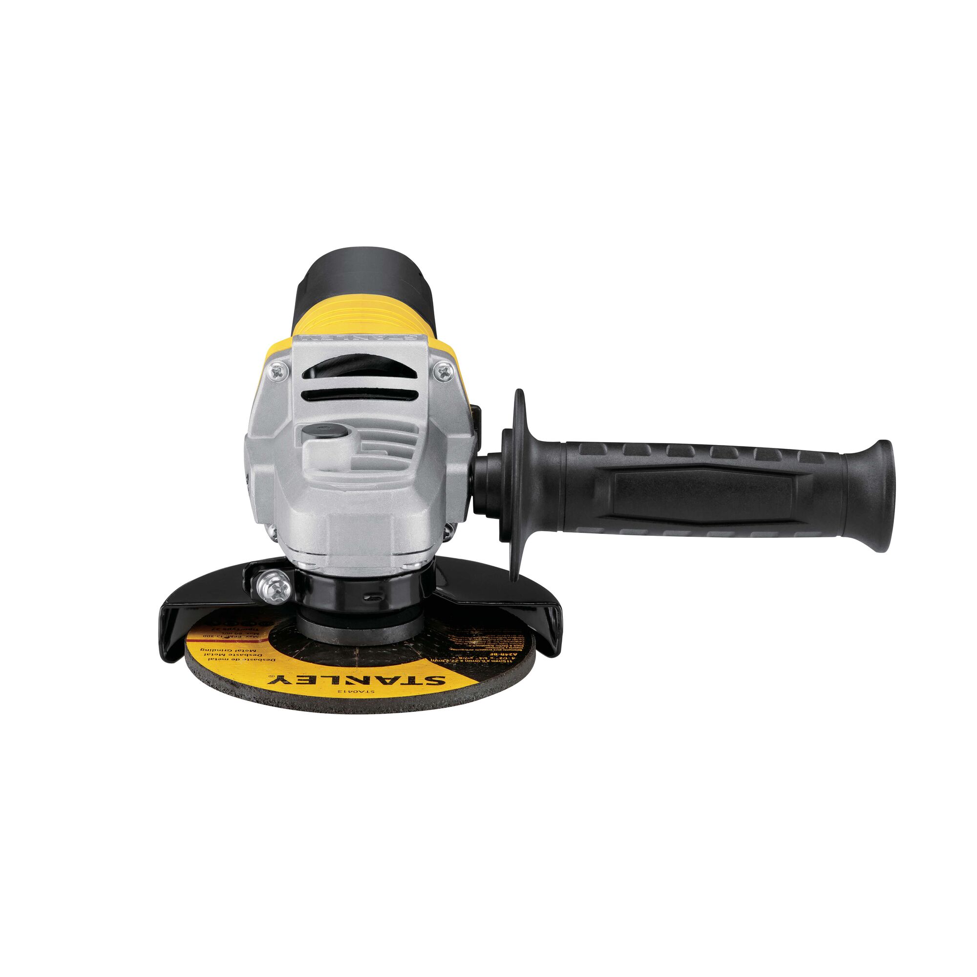 STANLEY STGS9100 angle grinder with black side handle, yellow accents, front view on white background.