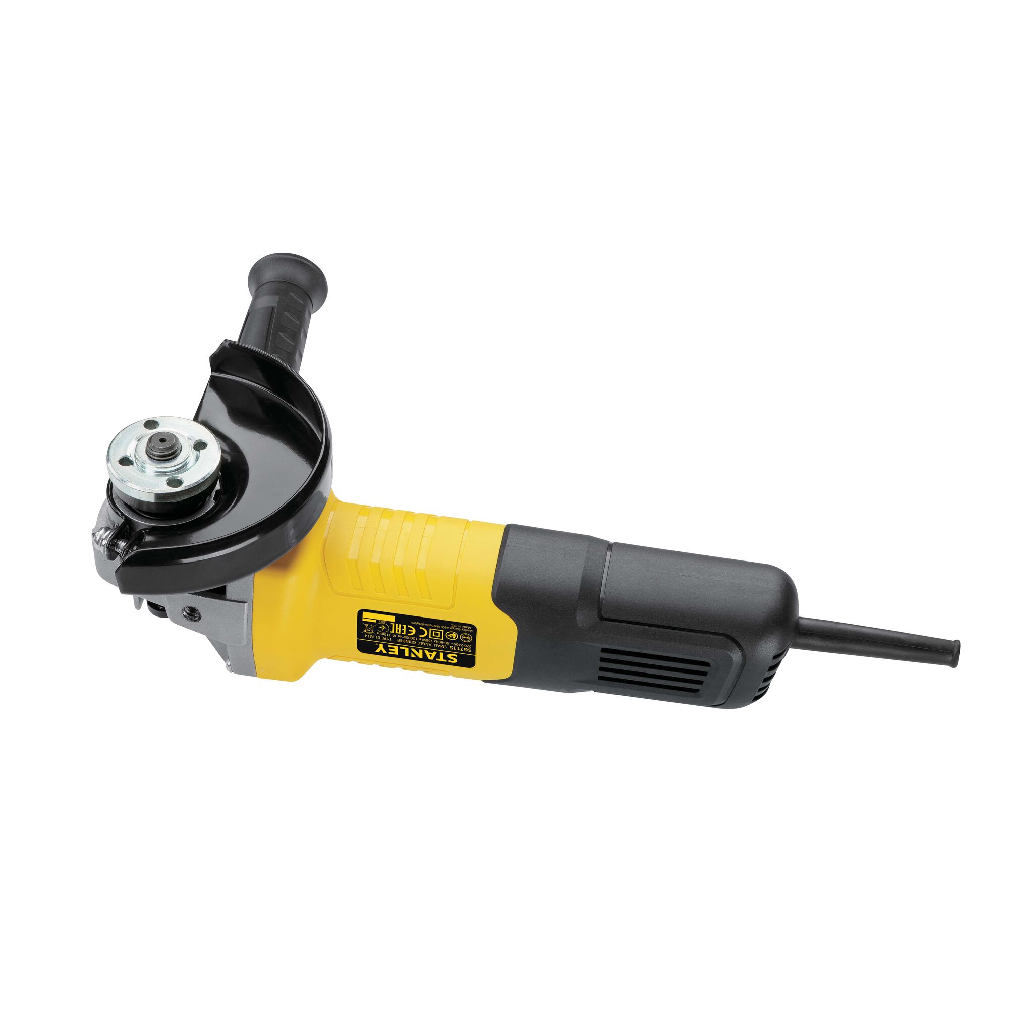 STANLEY STGS9100 yellow and black angle grinder, side view, with side handle and power cord.