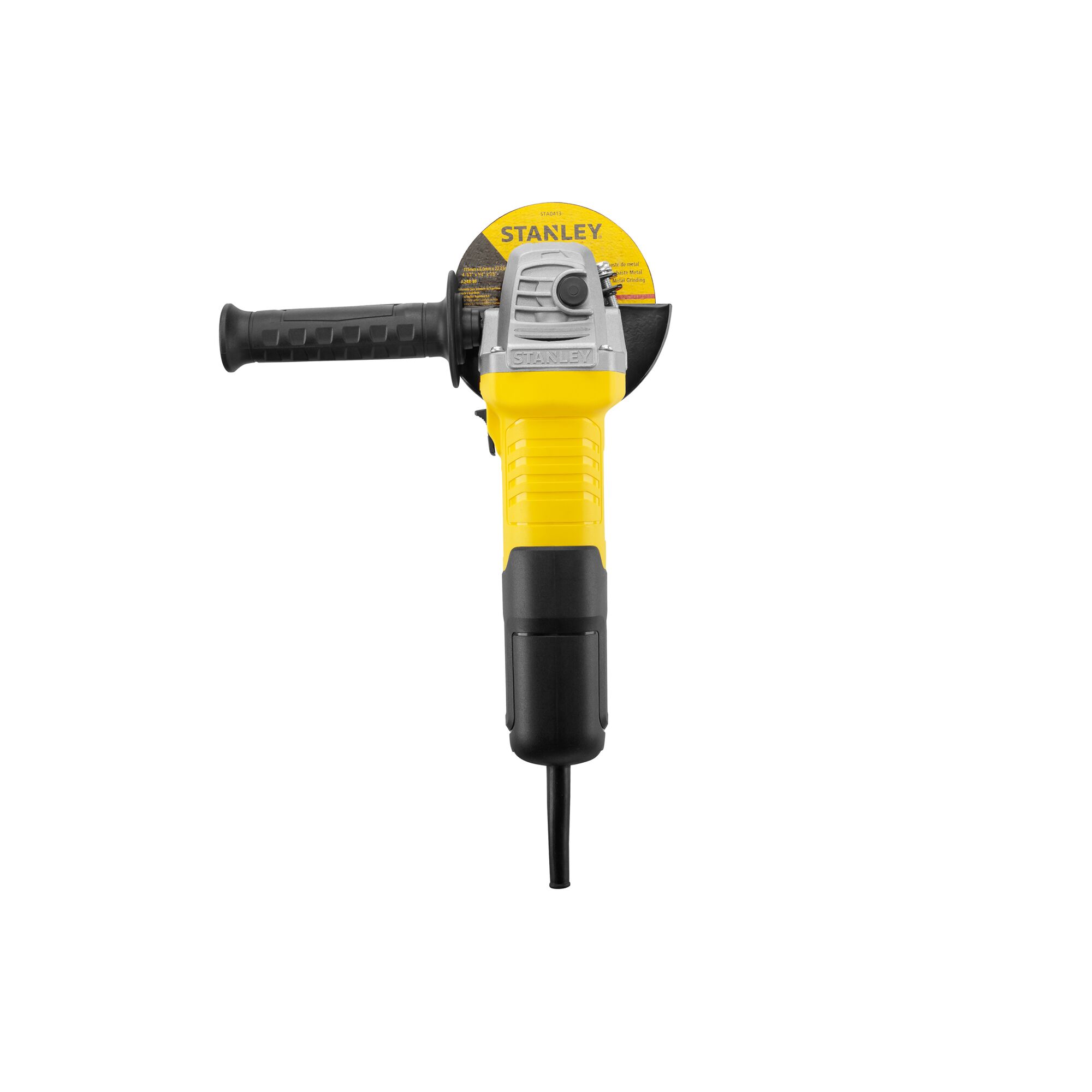 STANLEY stgs9115 angle grinder, yellow and black, front view on white background.