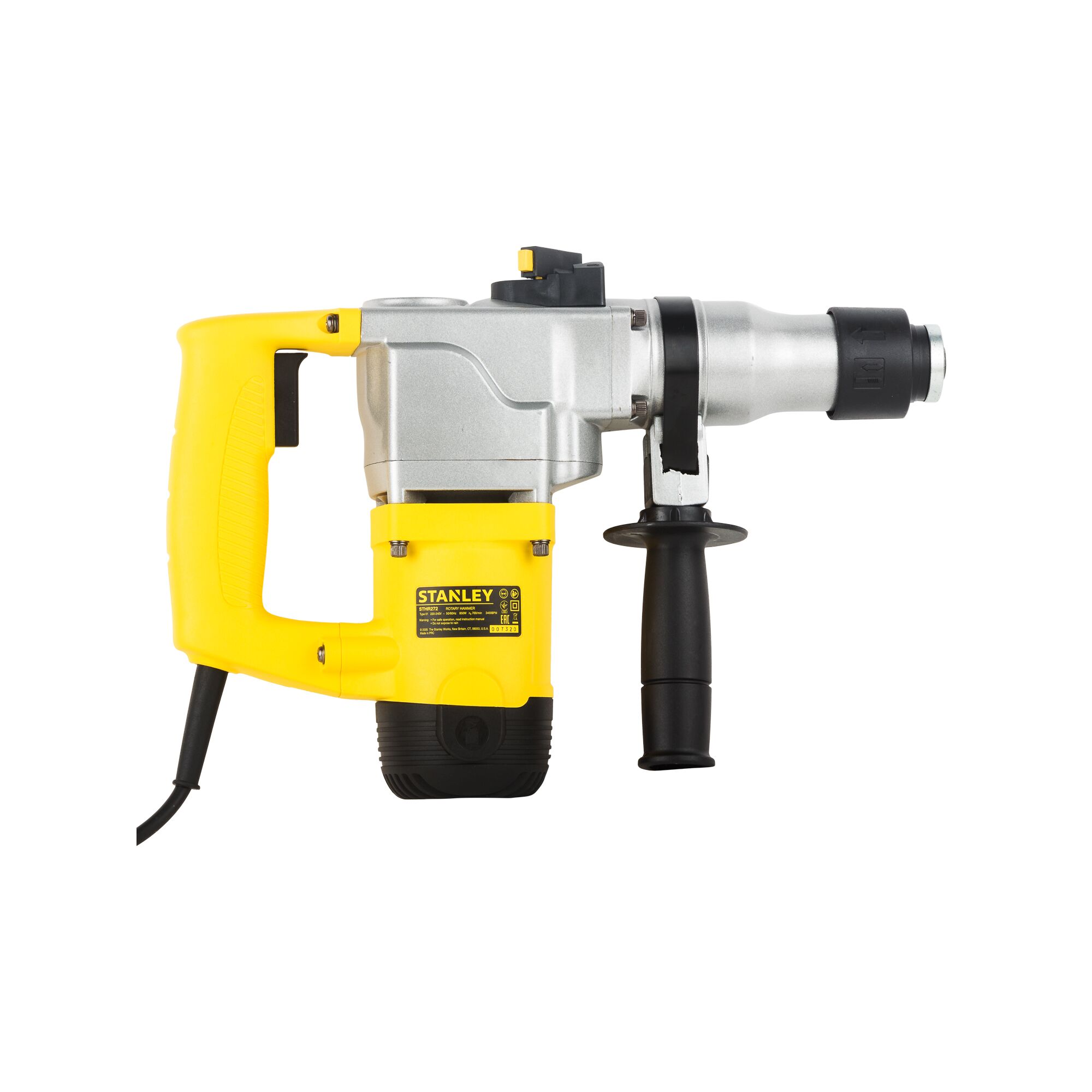 STANLEY STHR272KS rotary hammer drill, yellow and silver, side view on white background.