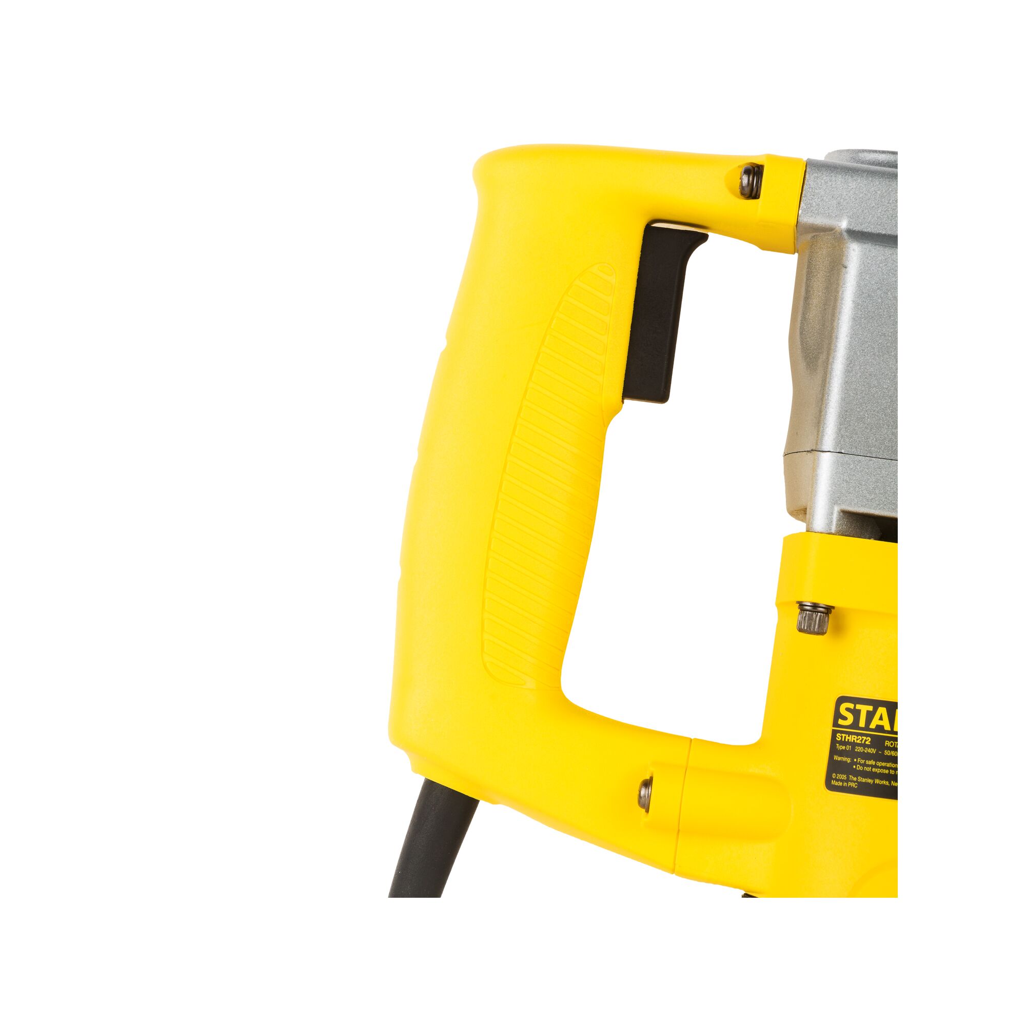 STANLEY STHR272KS rotary hammer yellow handle close-up, white background, power tool photography.