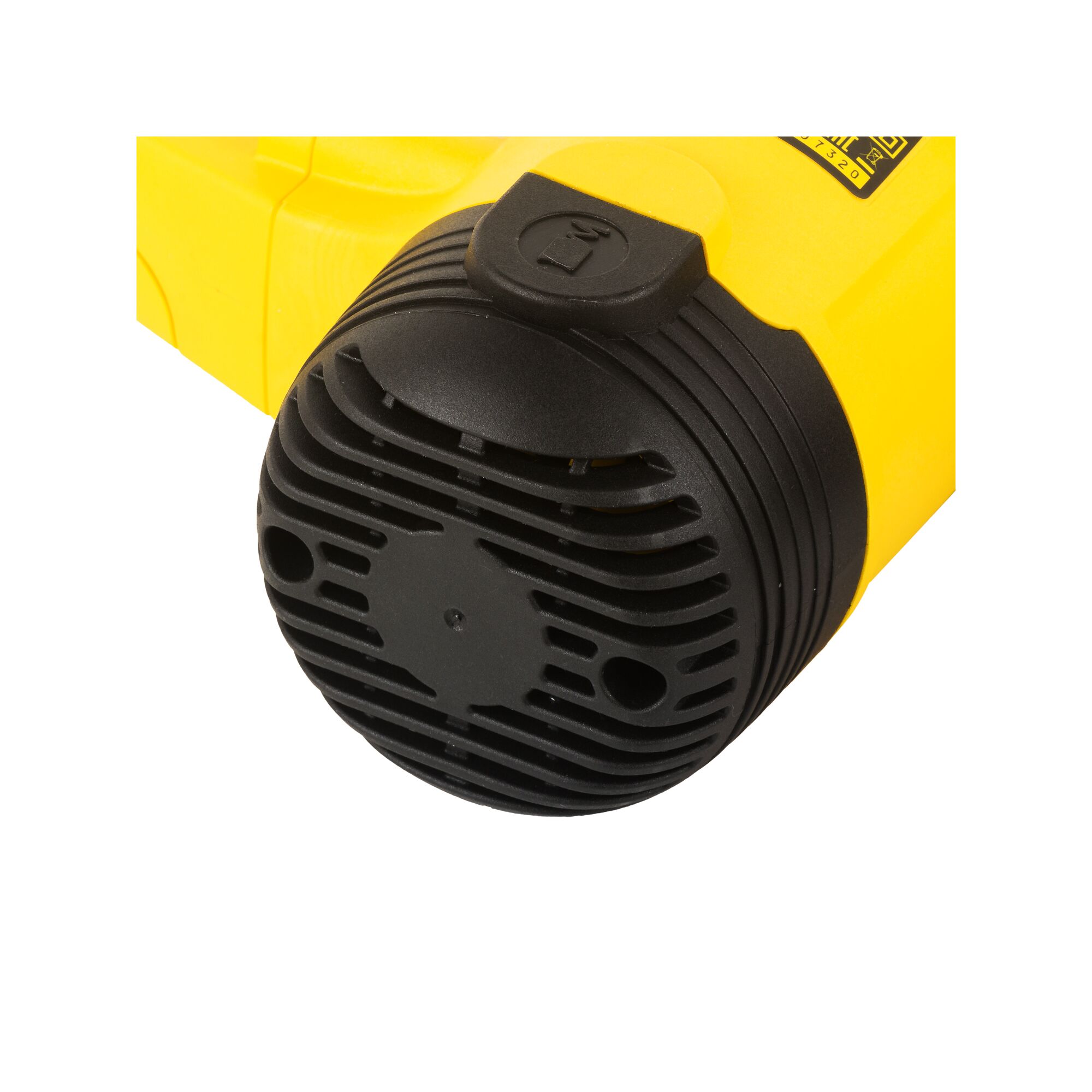 STANLEY STHR272KS rotary hammer close-up, showing black vented end cap and yellow housing, angled on white background.