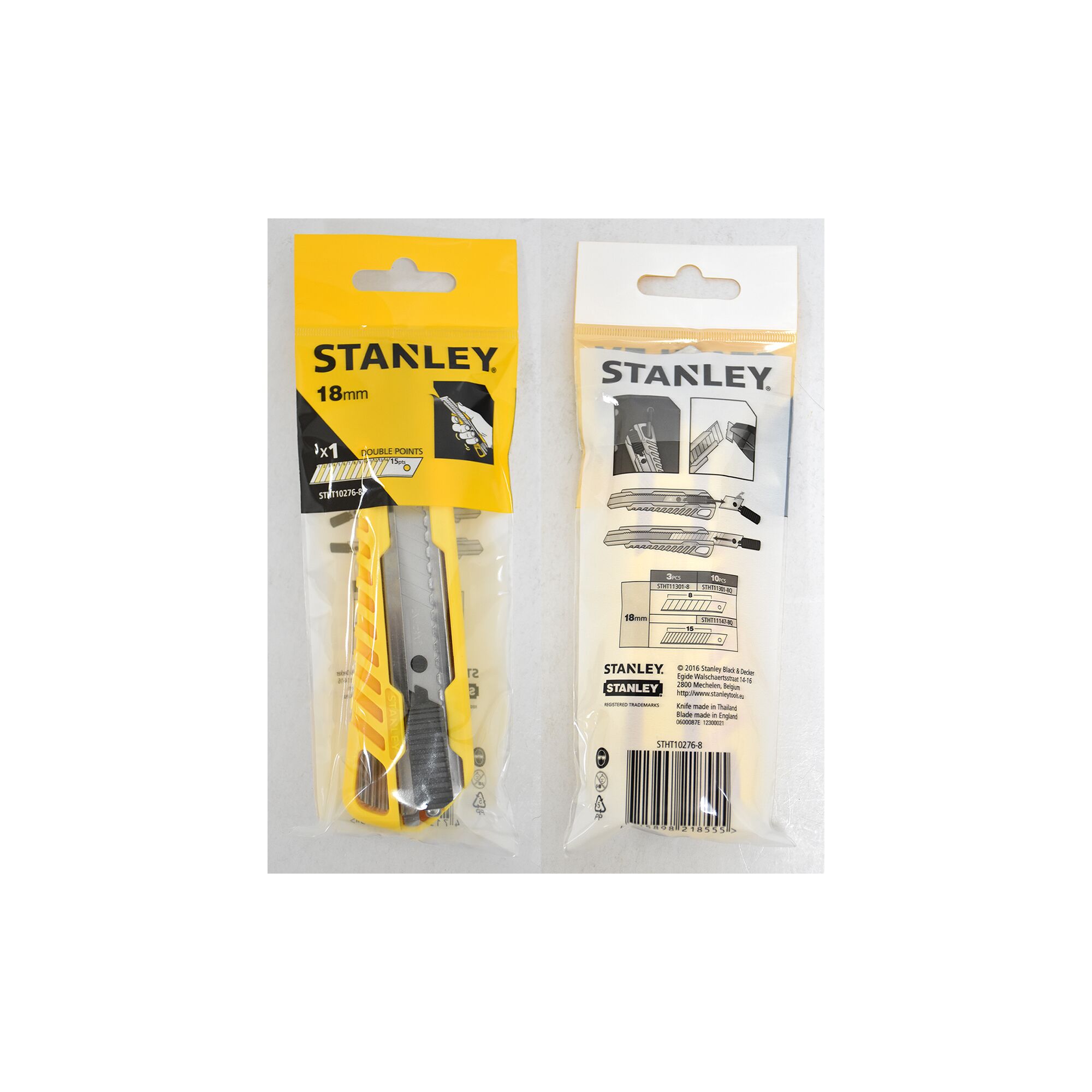 STANLEY STHT10276-8 utility knife in yellow and black, front and back packaging, 18mm blade, photography, straight angle.