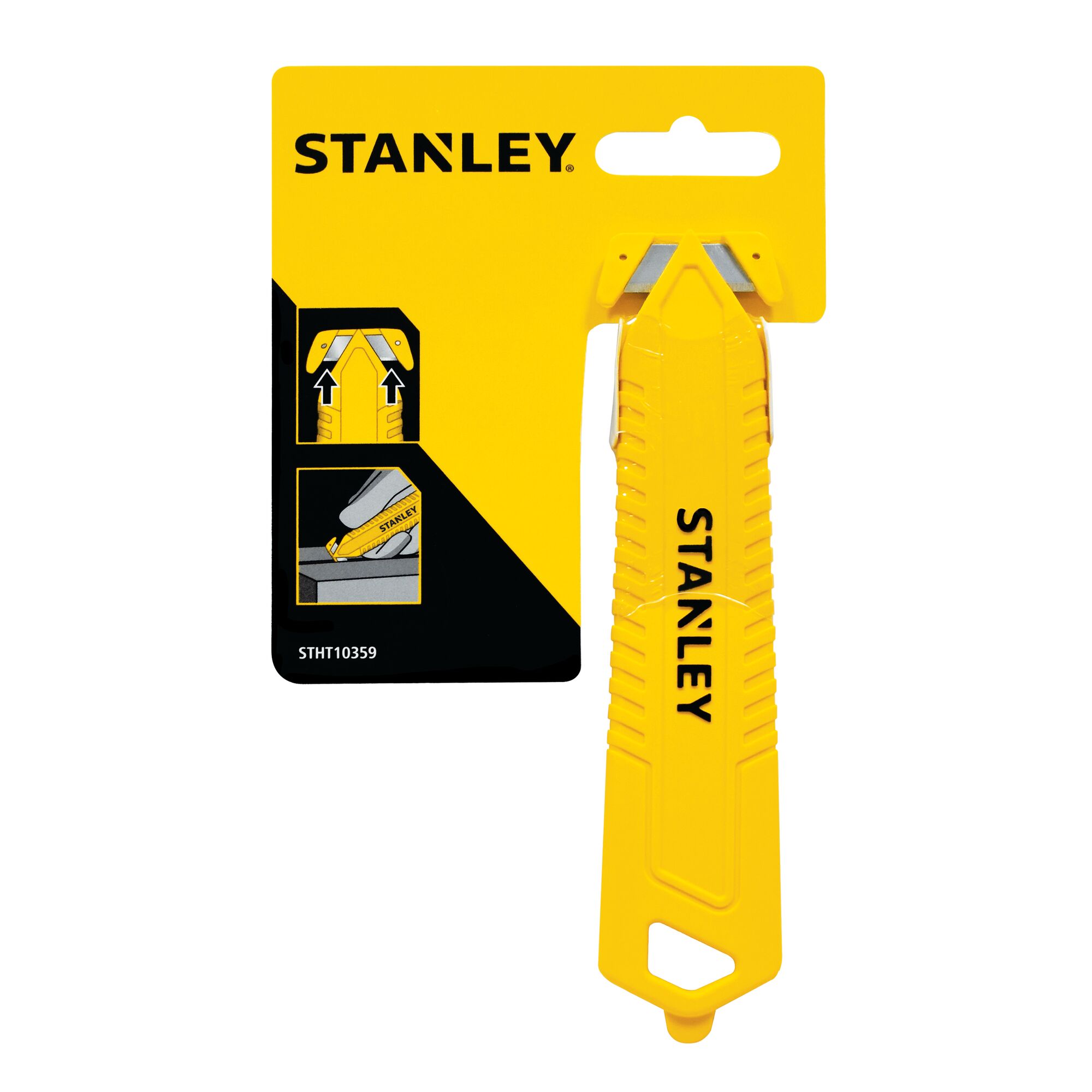 STANLEY STHT10359 yellow utility knife in packaging, straight-on product photo.