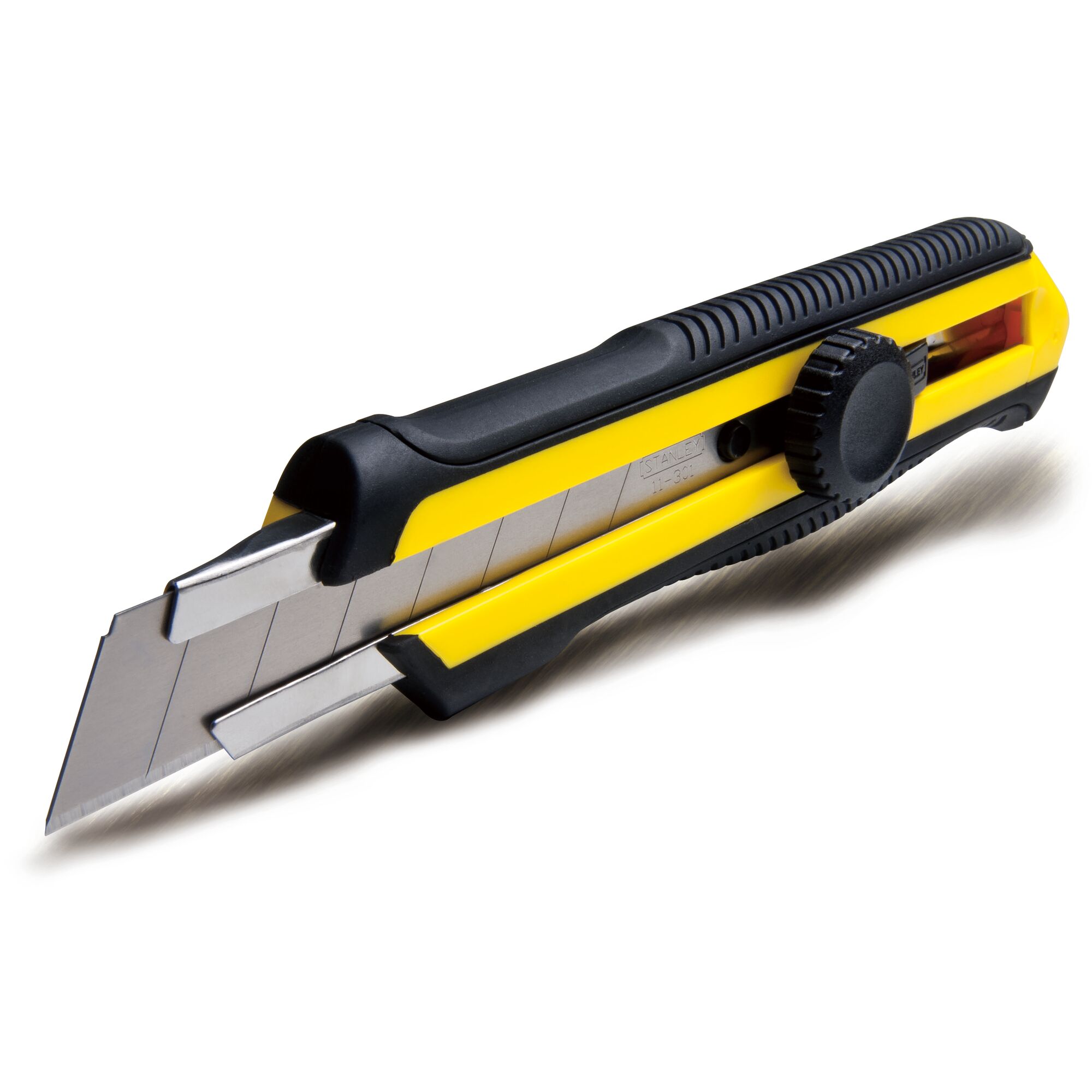 STANLEY STHT10418-8 utility knife with yellow and black body, segmented snap-off blade, angled view, white background.