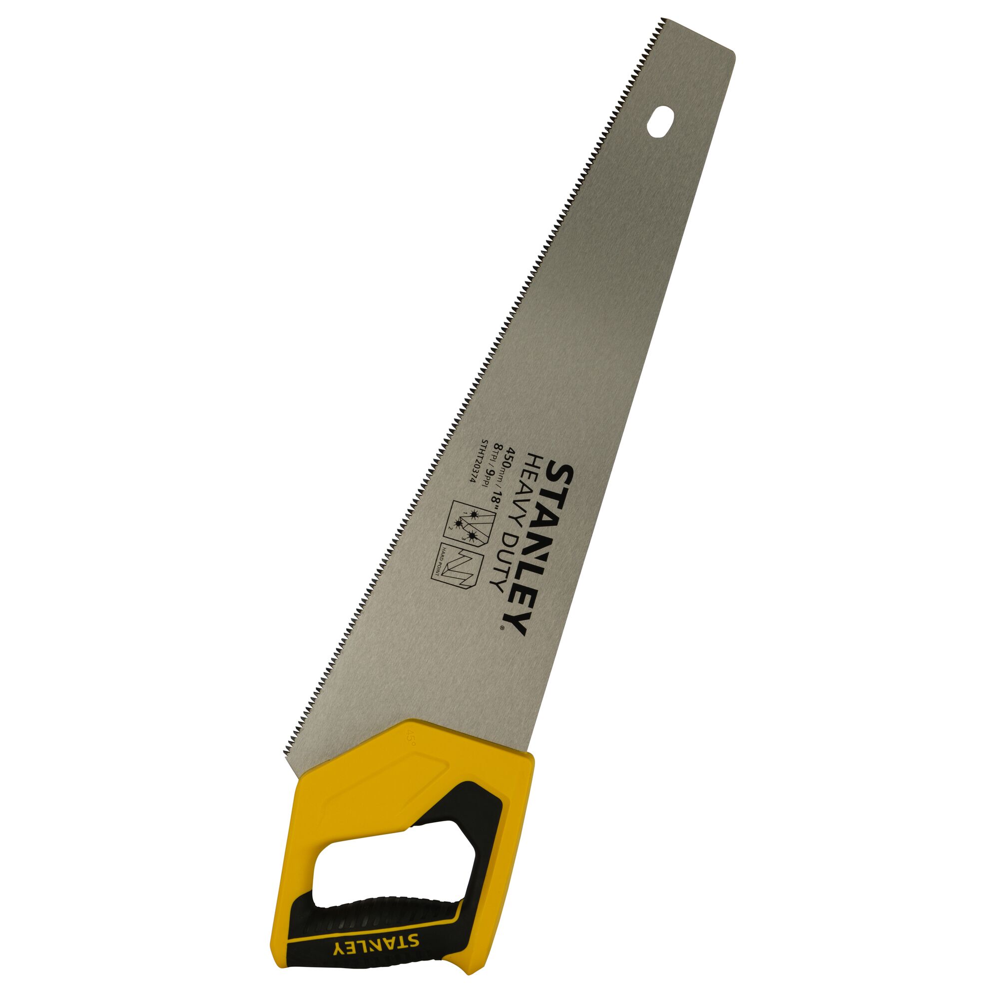 STANLEY STHT20374-LA hand saw with yellow and black handle, heavy duty blade, front angle on white background.