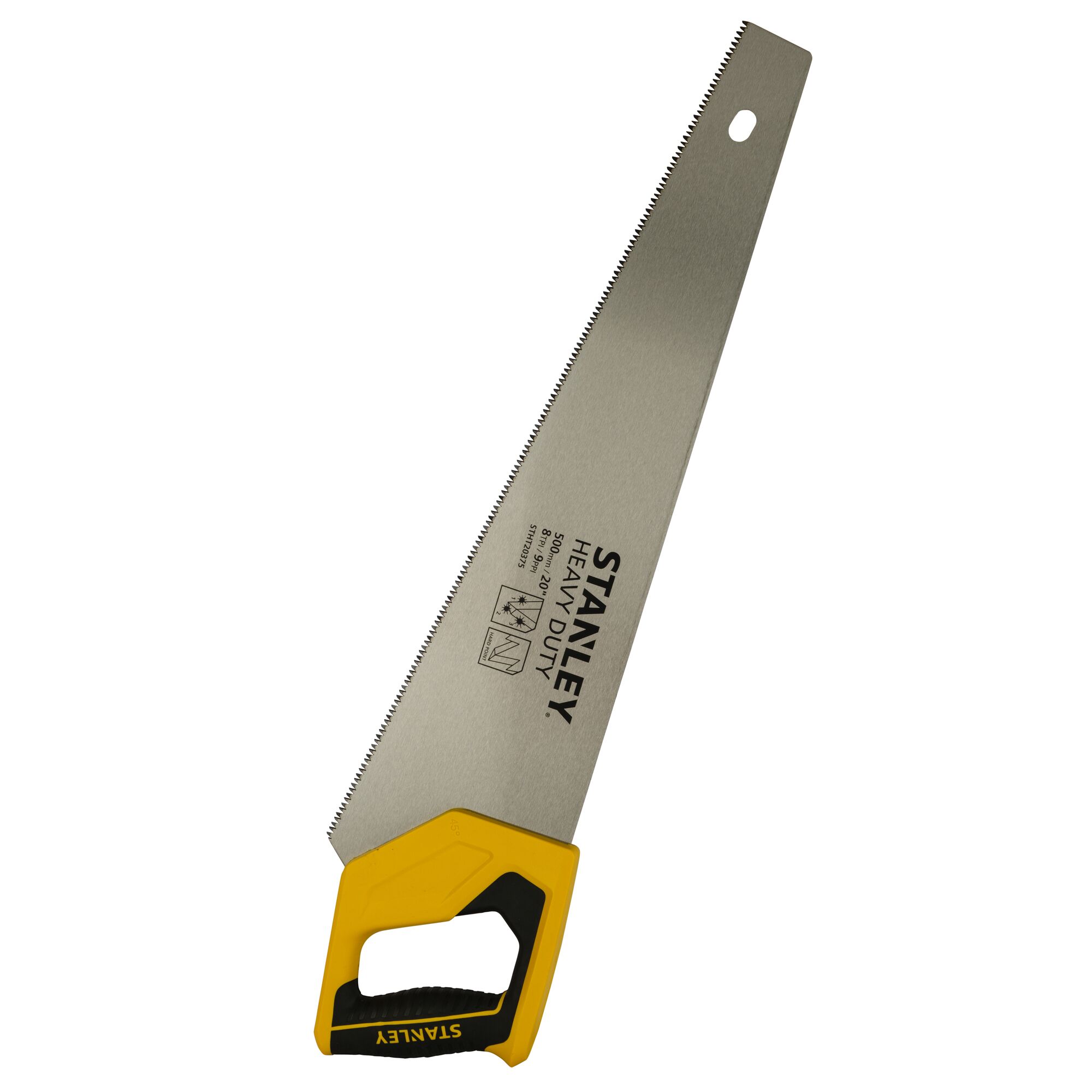 Photo of STANLEY STHT20375-LA hand saw with yellow and black handle, straight blade, teeth edge, on white background.