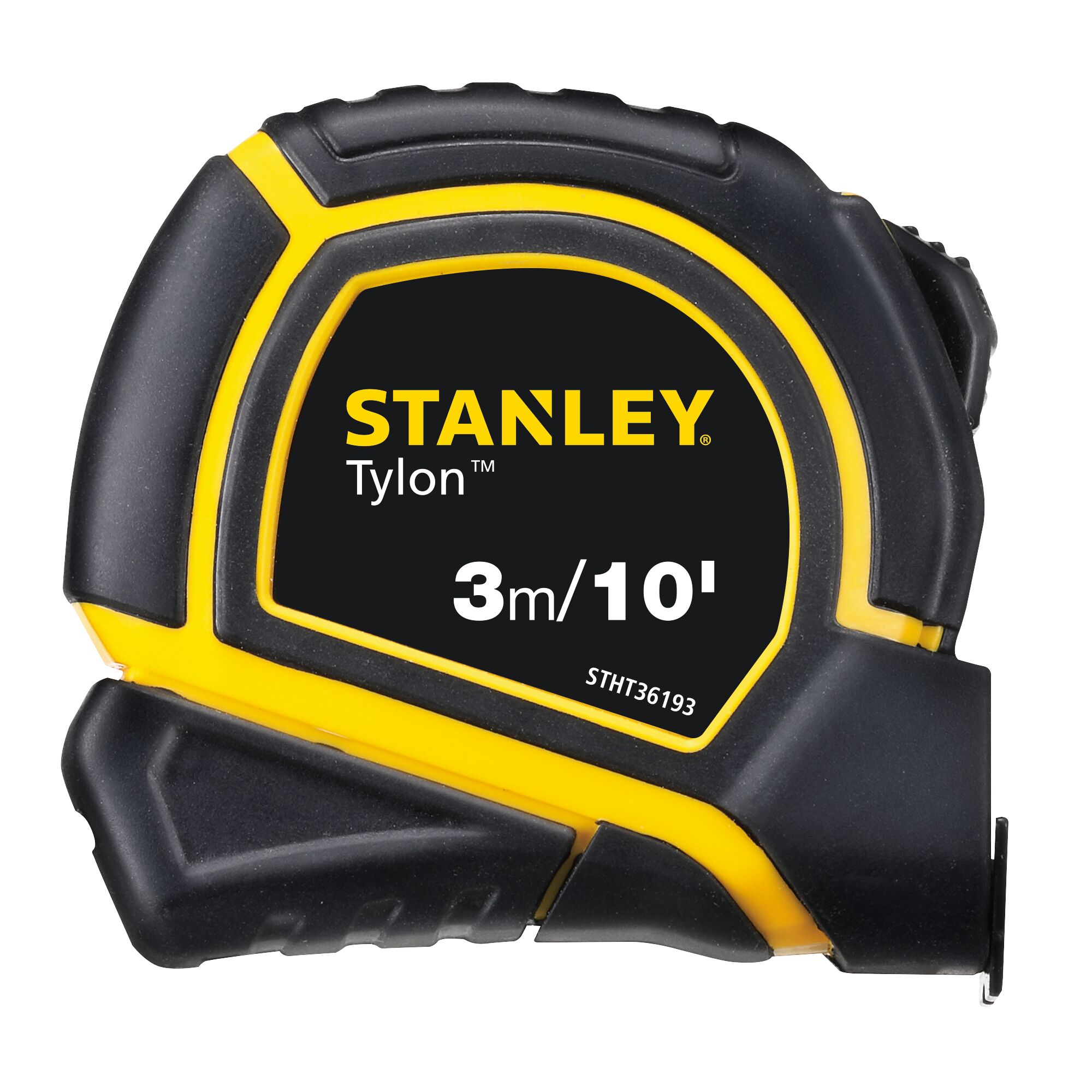 Photo of STANLEY STHT36193 tape measure, black and yellow casing, Tylon, 3m/10ft, front angle.