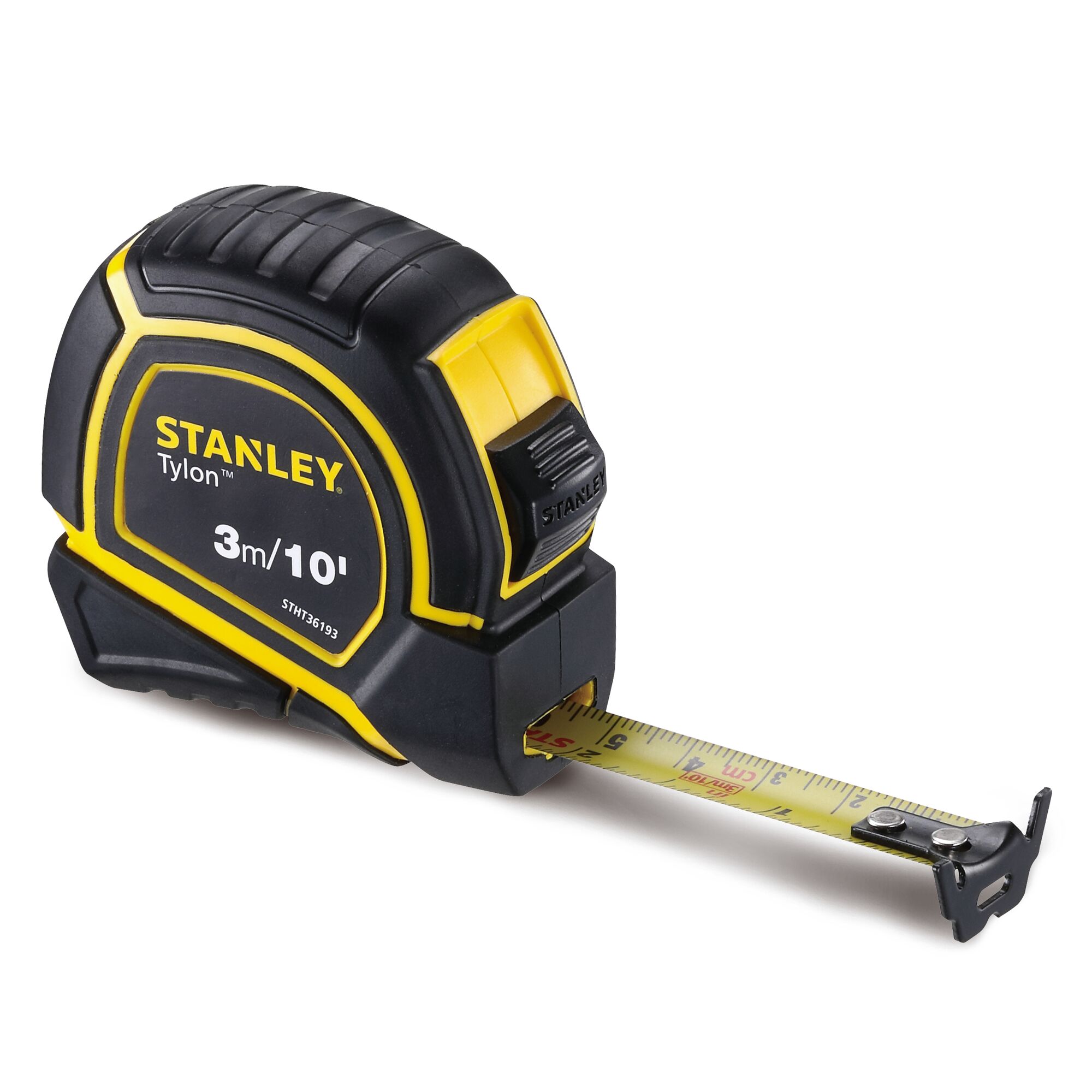 STANLEY STHT36193 tape measure, 3m/10ft, black and yellow casing, front angle on white background.