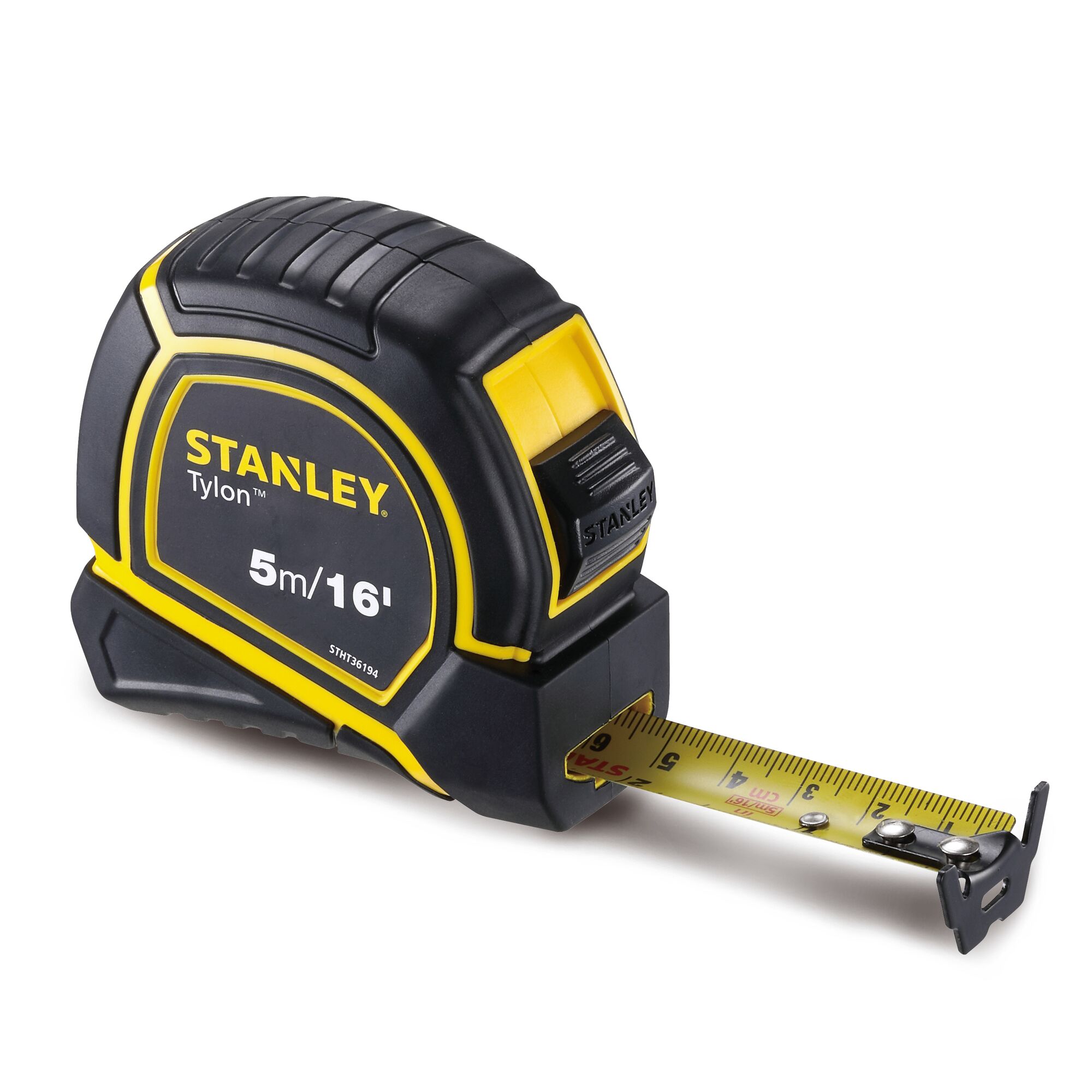 STANLEY STHT36194 tape measure, black and yellow, 5m/16ft, angled front view on white background.