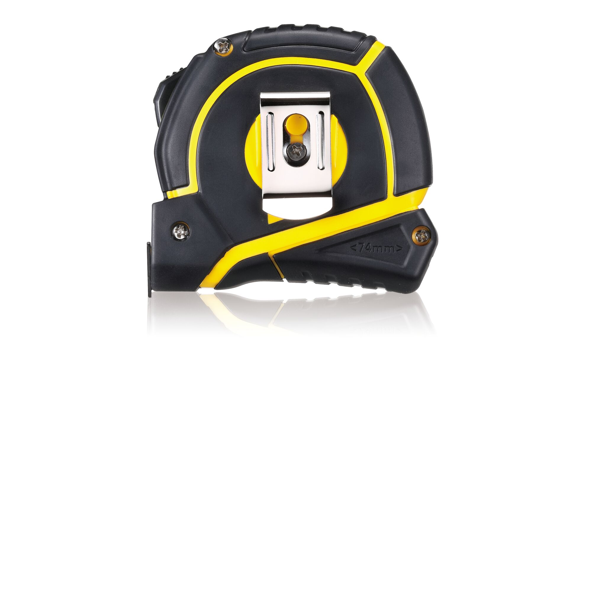 STANLEY STHT36194 tape measure, black and yellow, photography, rear angle, white background.
