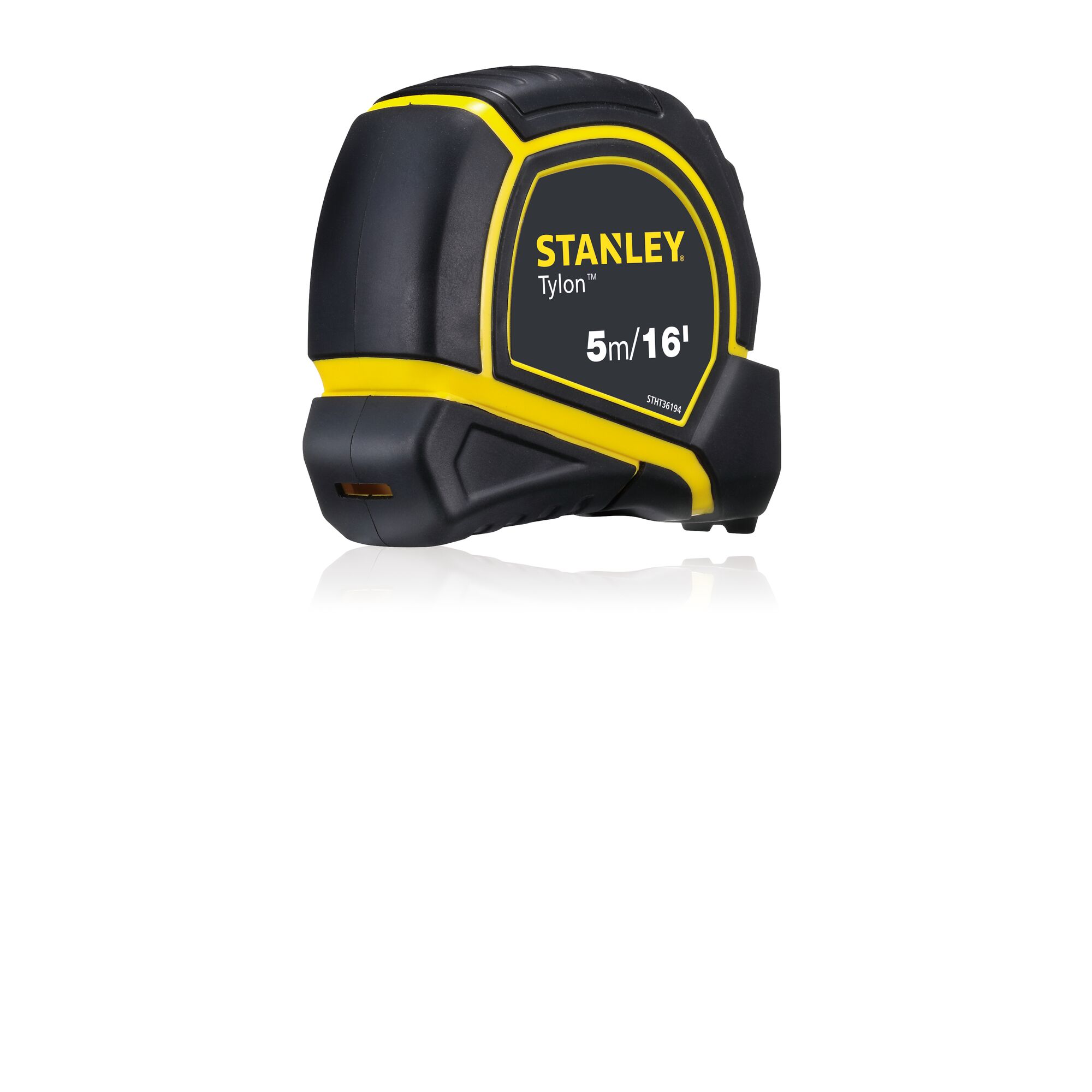 STANLEY STHT36194 tape measure, 5m/16ft, black and yellow, left side view, white background.