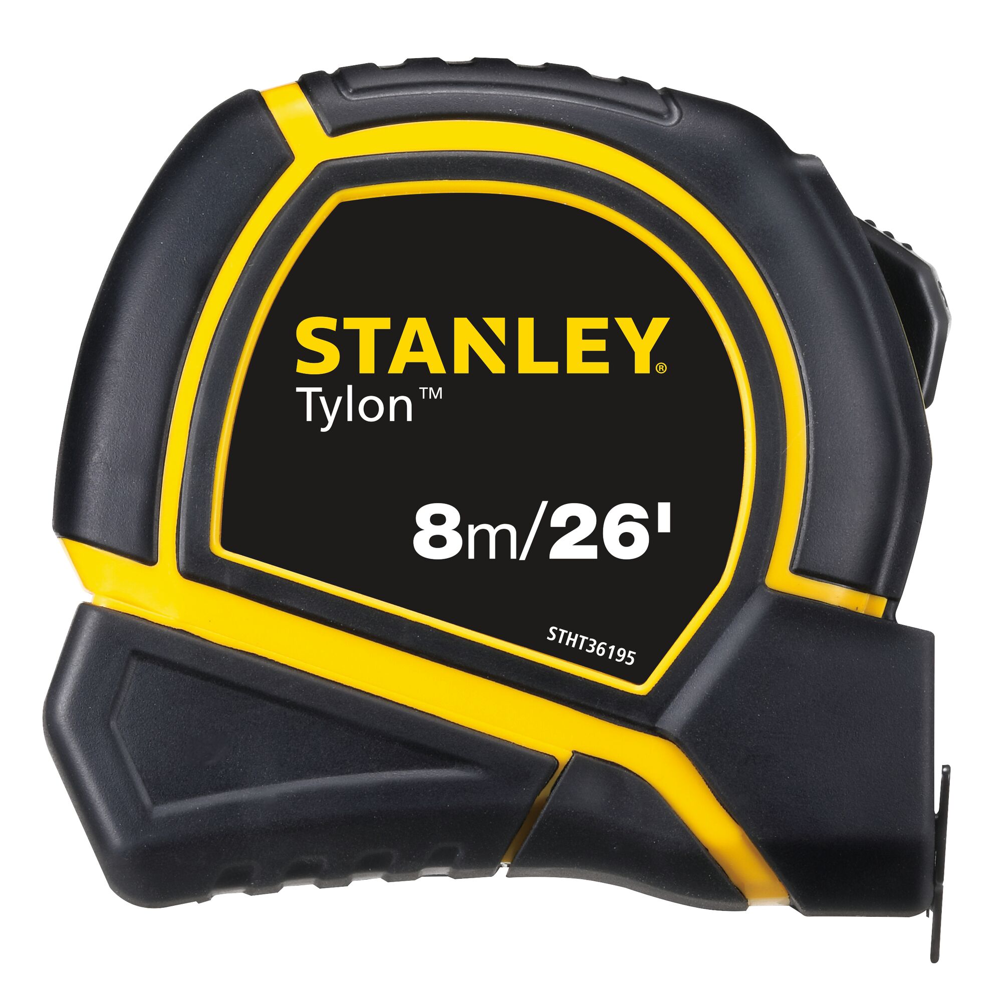 Stanley STHT36195 tape measure, black and yellow, 8m/26ft, front angle on white background.