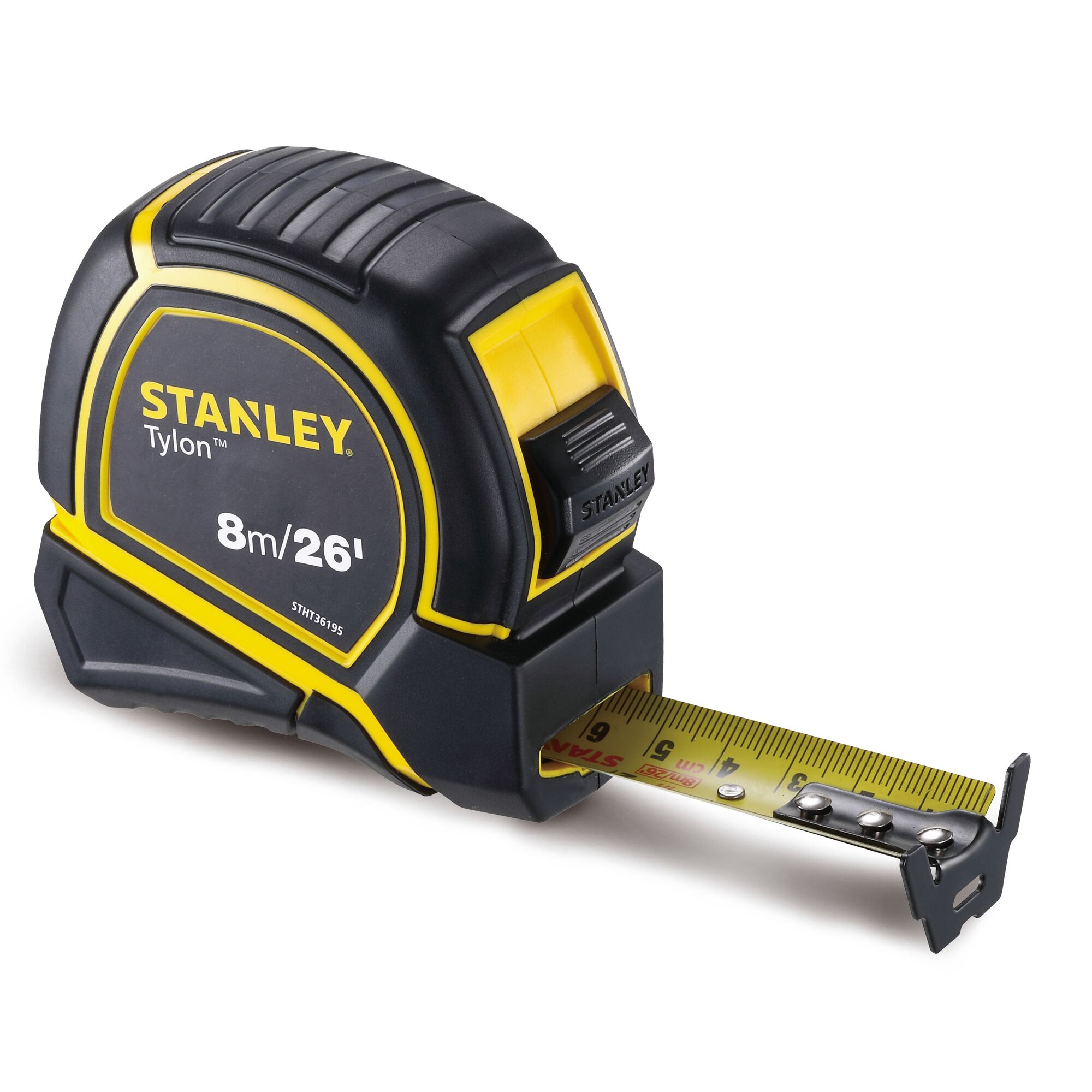 Stanley STHT36195 tape measure, 8m/26ft, black and yellow, side angle photo on white background.