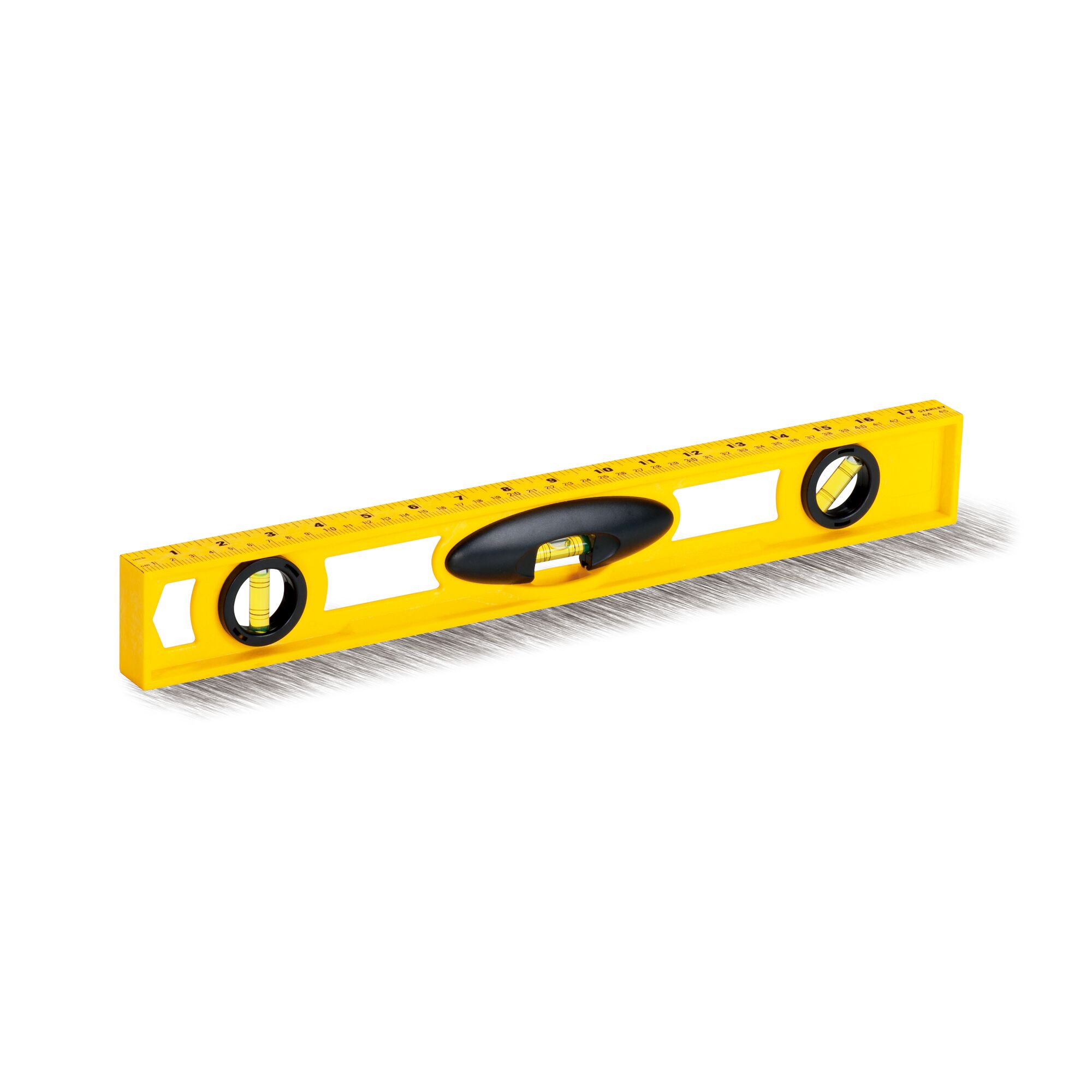 STANLEY STHT42467-8 yellow spirit level with handle and ruler marks, angled view on white background.