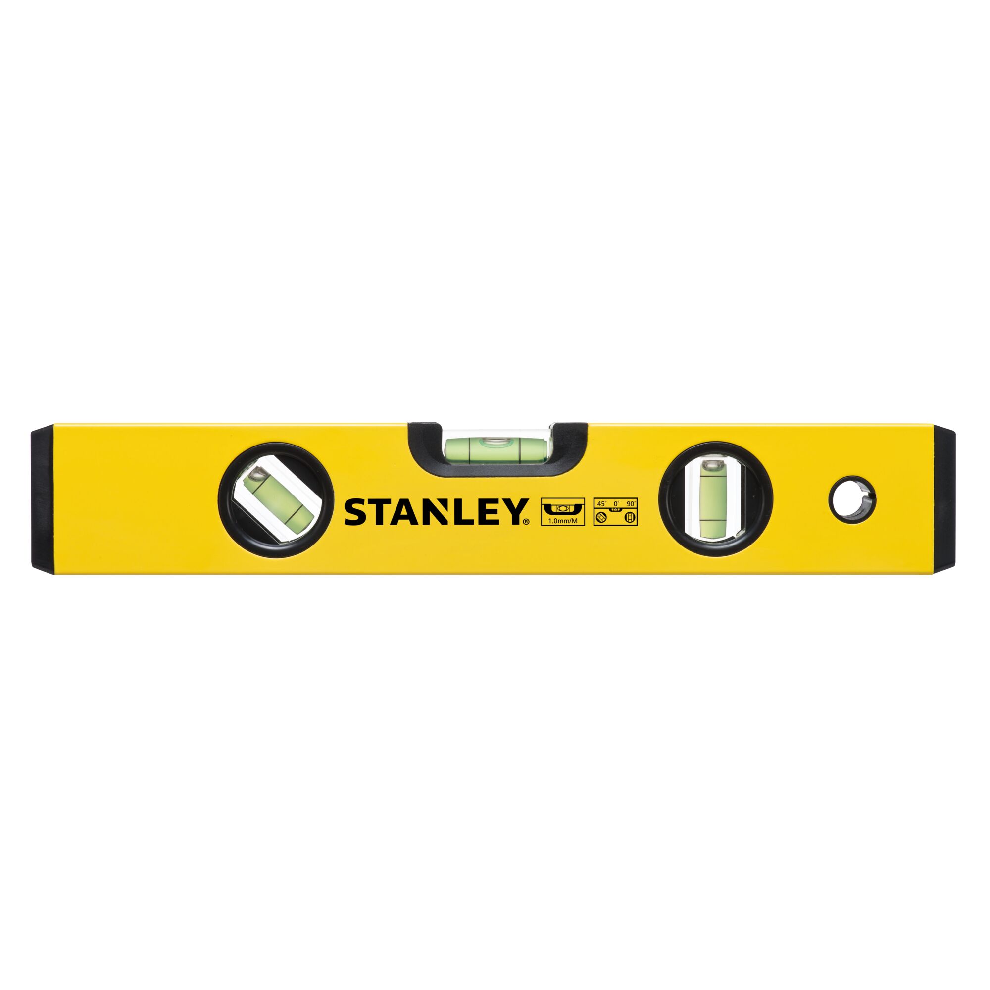 Photo of STANLEY STHT42796 yellow spirit level tool, front view, with three bubble vials, black end caps, and clear branding.