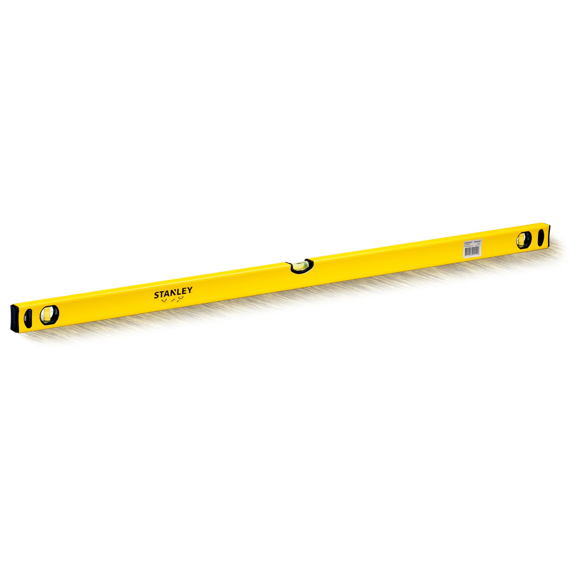 Photo of STANLEY STHT43106-8 yellow spirit level with three vials, photography of hand tool, angled on white background.