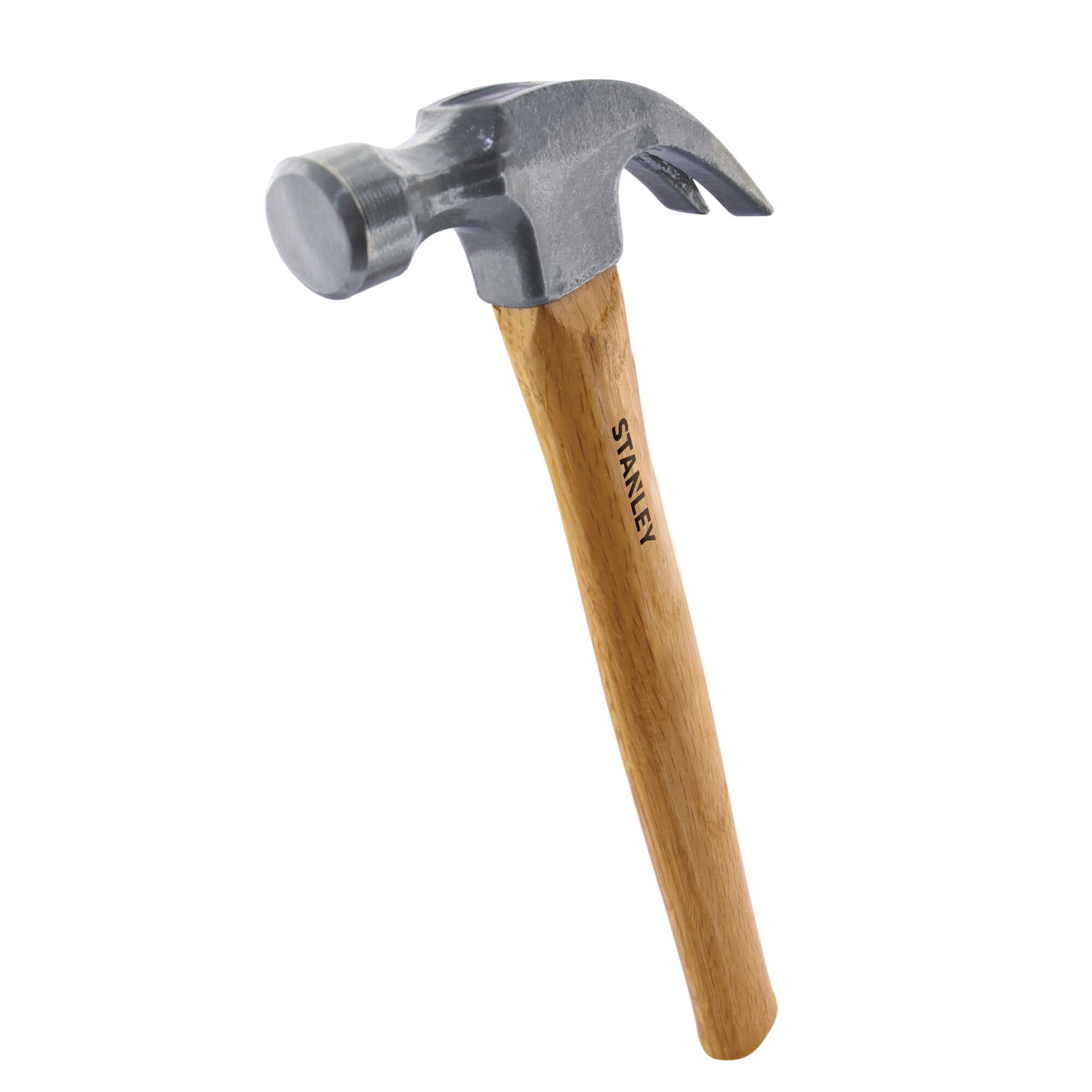 Photo of STANLEY STHT51339-8 claw hammer with metal head and wooden handle, angled on white background.