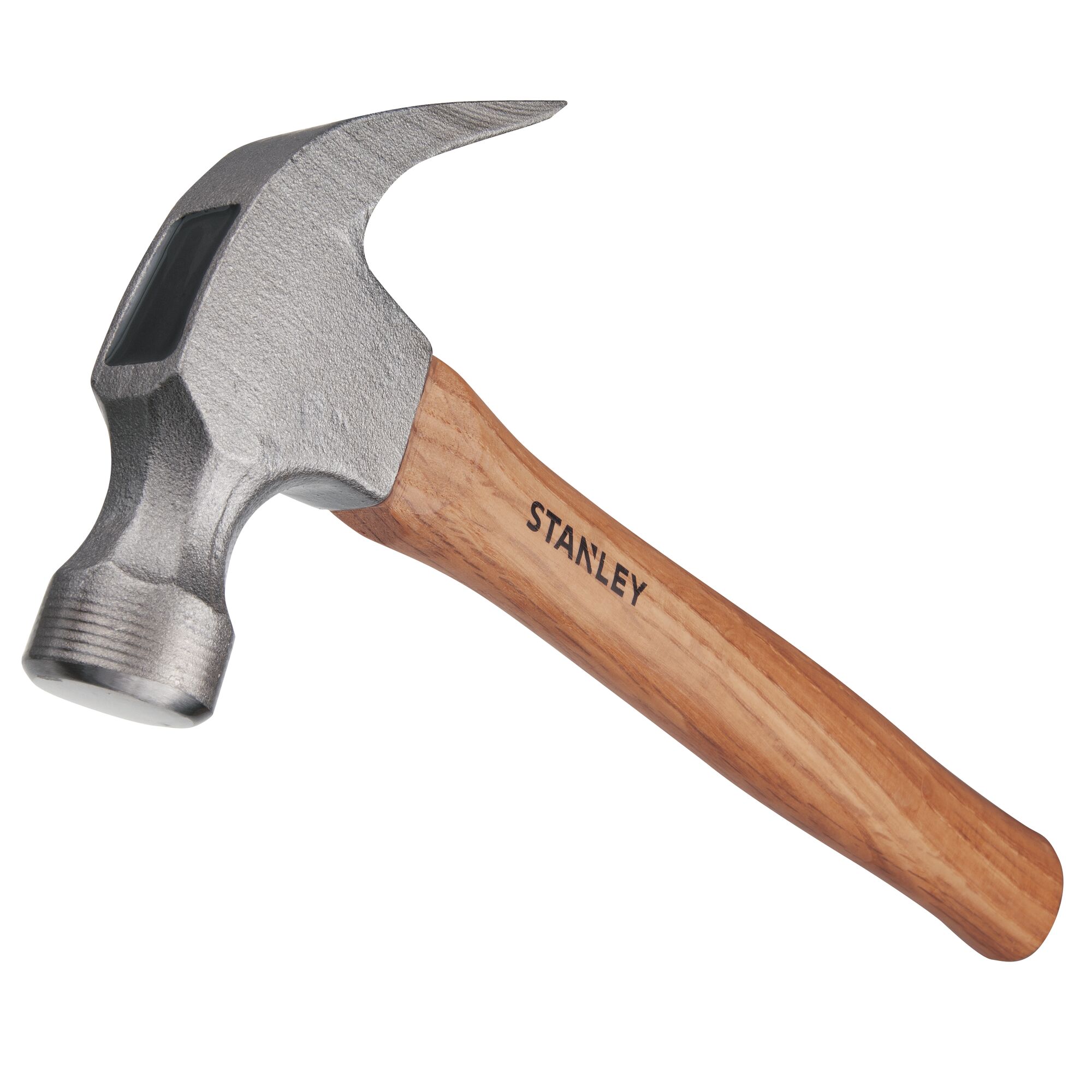 STANLEY STHT51339-8 claw hammer with wooden handle, angled side view, white background.