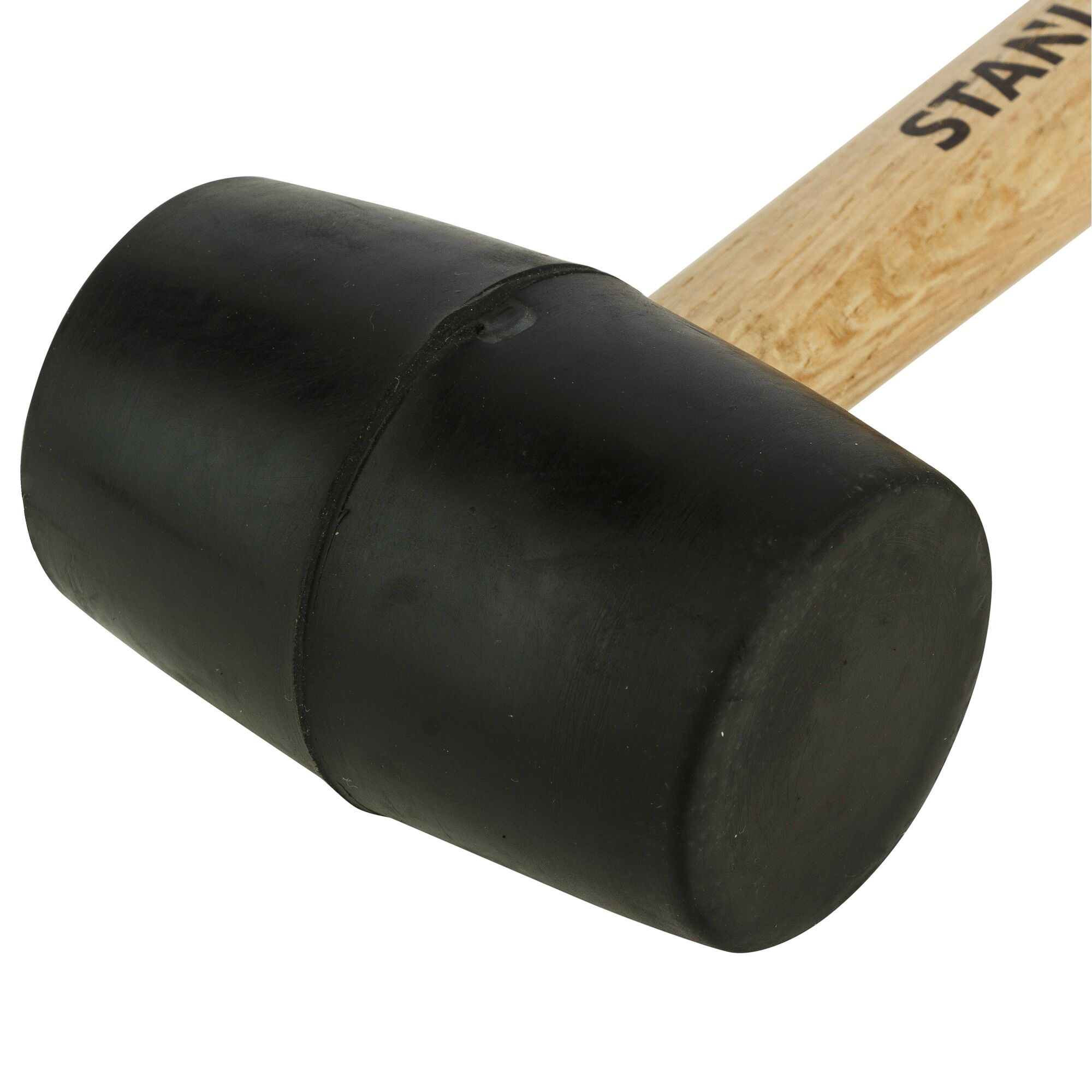 STANLEY STHT57527-8 black rubber mallet with wooden handle, close-up angle on white background.