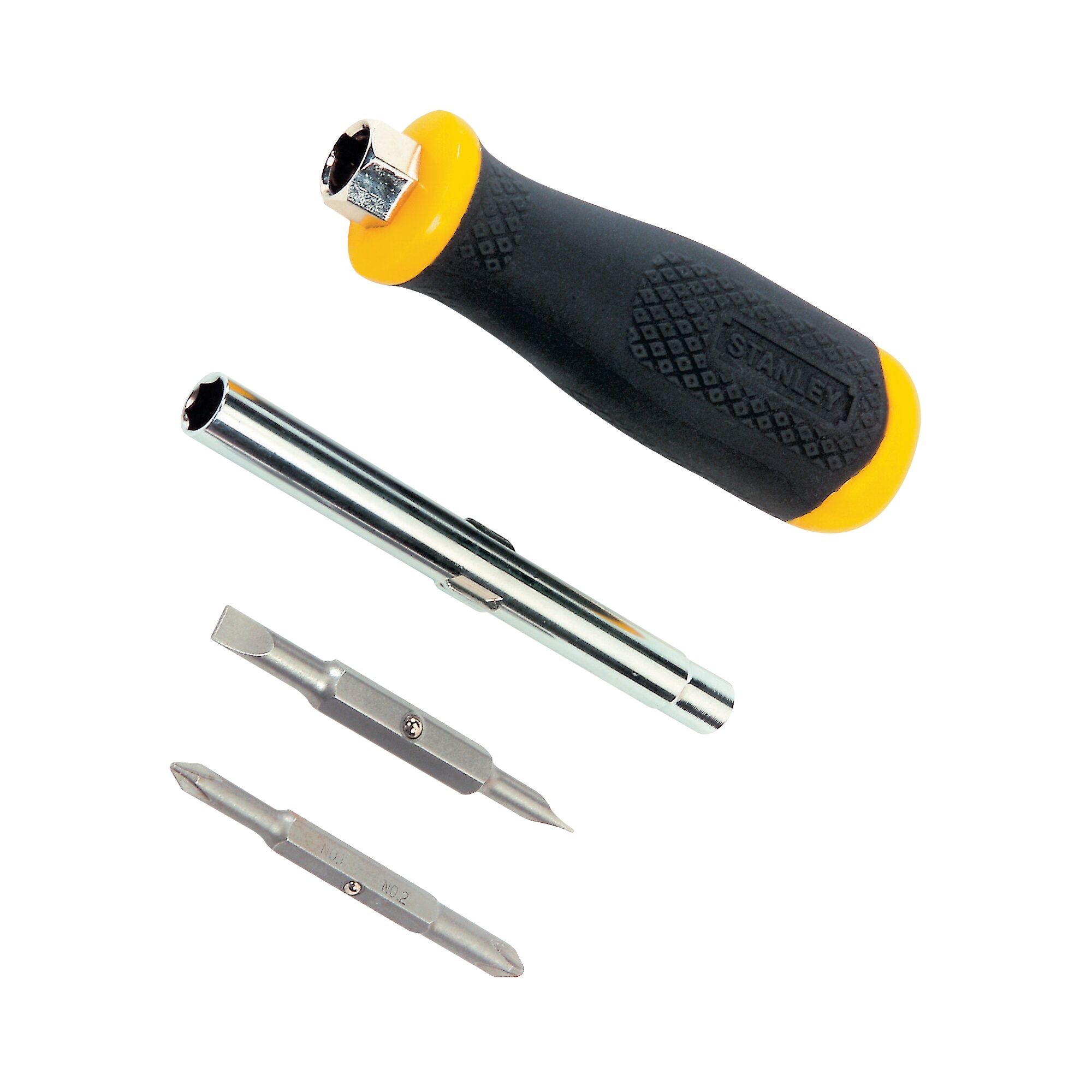 Stanley STHT68012-8 screwdriver set with black and yellow handle, two bits and metal shaft, top view.