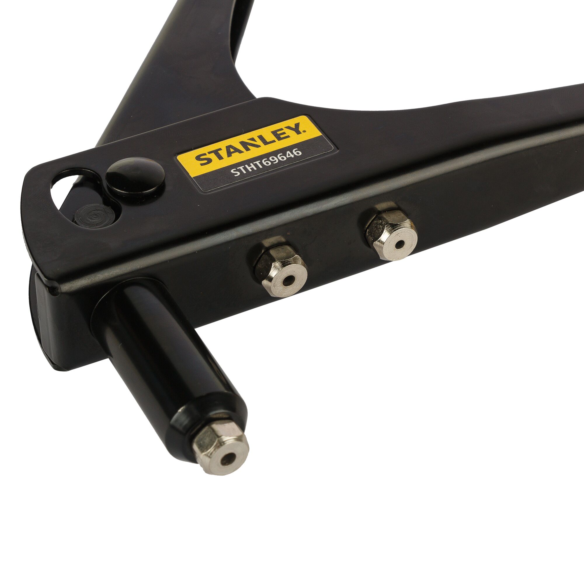 Close-up of a black Stanley hand riveter tool with model number STHT69646, showing its metal parts and yellow branding label.