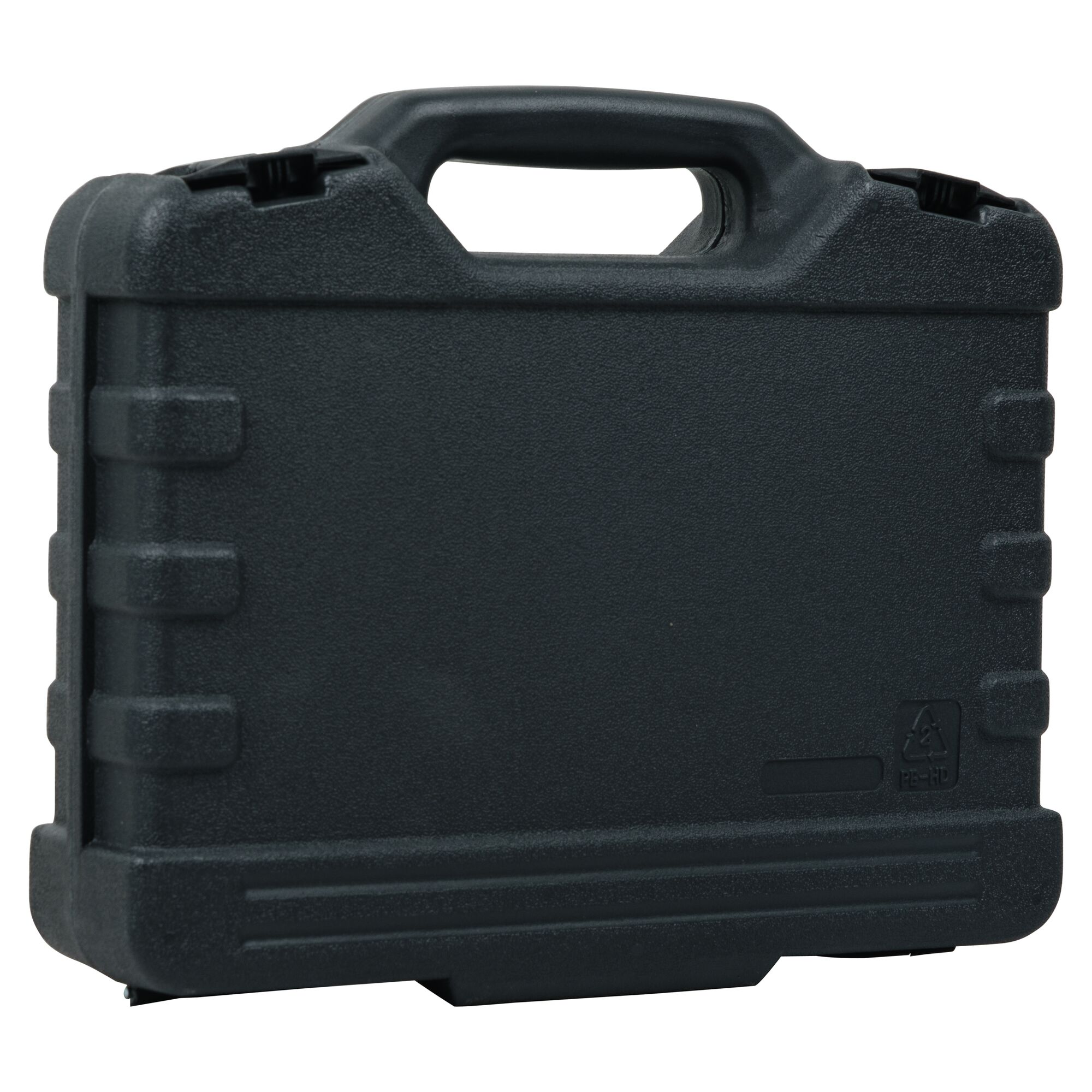 STANLEY STHT74981 hard plastic tool case, black, with handle, angled front view, compact design, Photography.