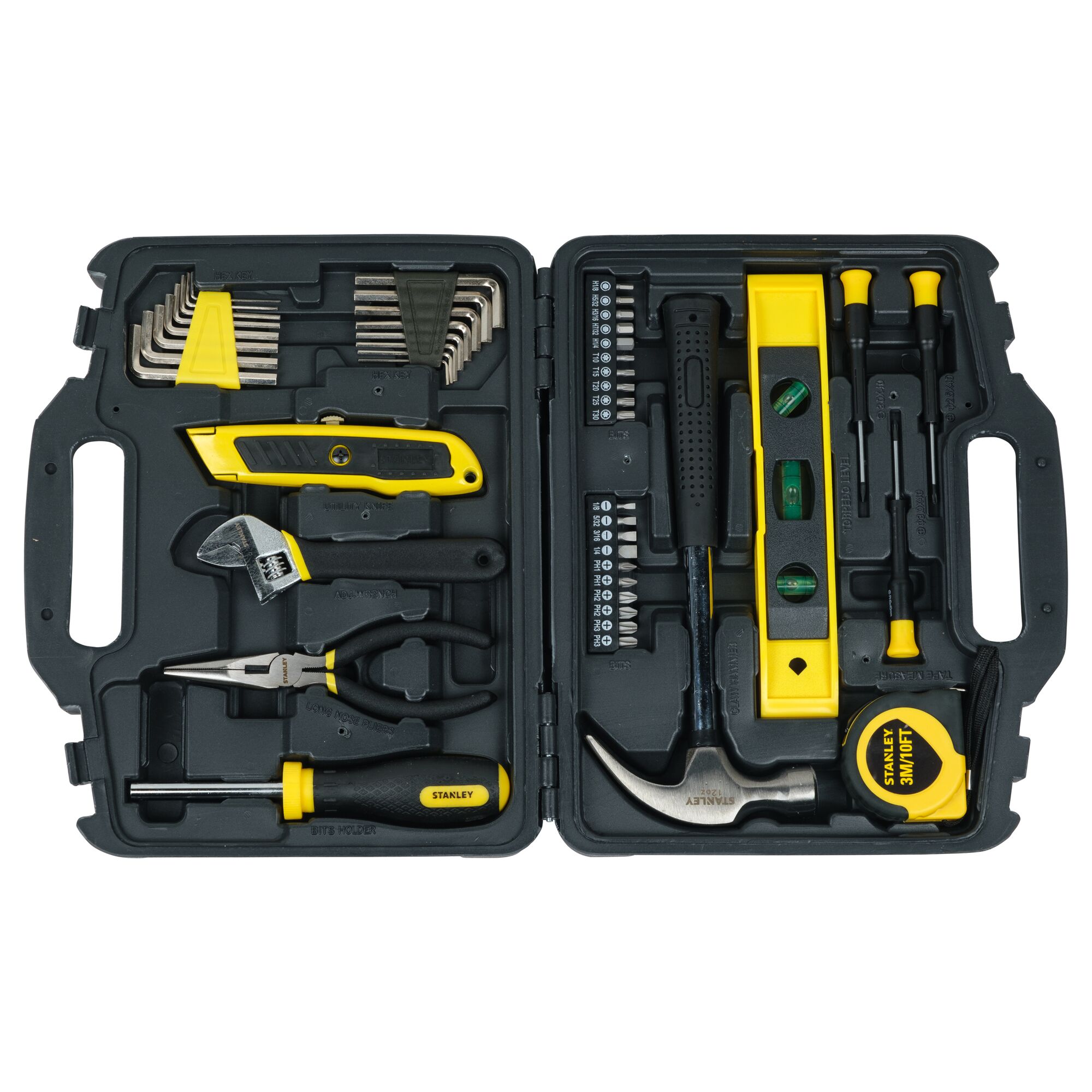 STANLEY STHT74981 tool kit with assorted hand tools in black and yellow case, top view