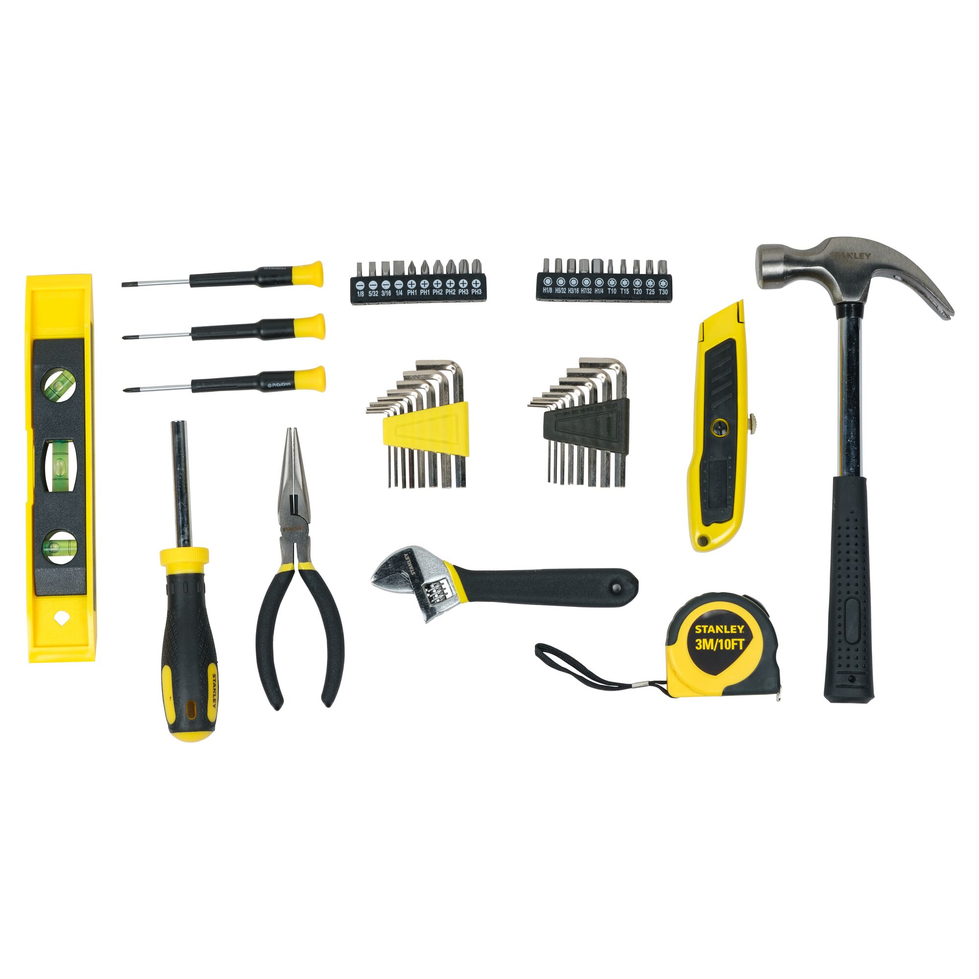 STANLEY STHT74981 hand tool set with tape measure, hammer, screwdrivers, pliers, level, utility knife, bits and hex keys, top view.